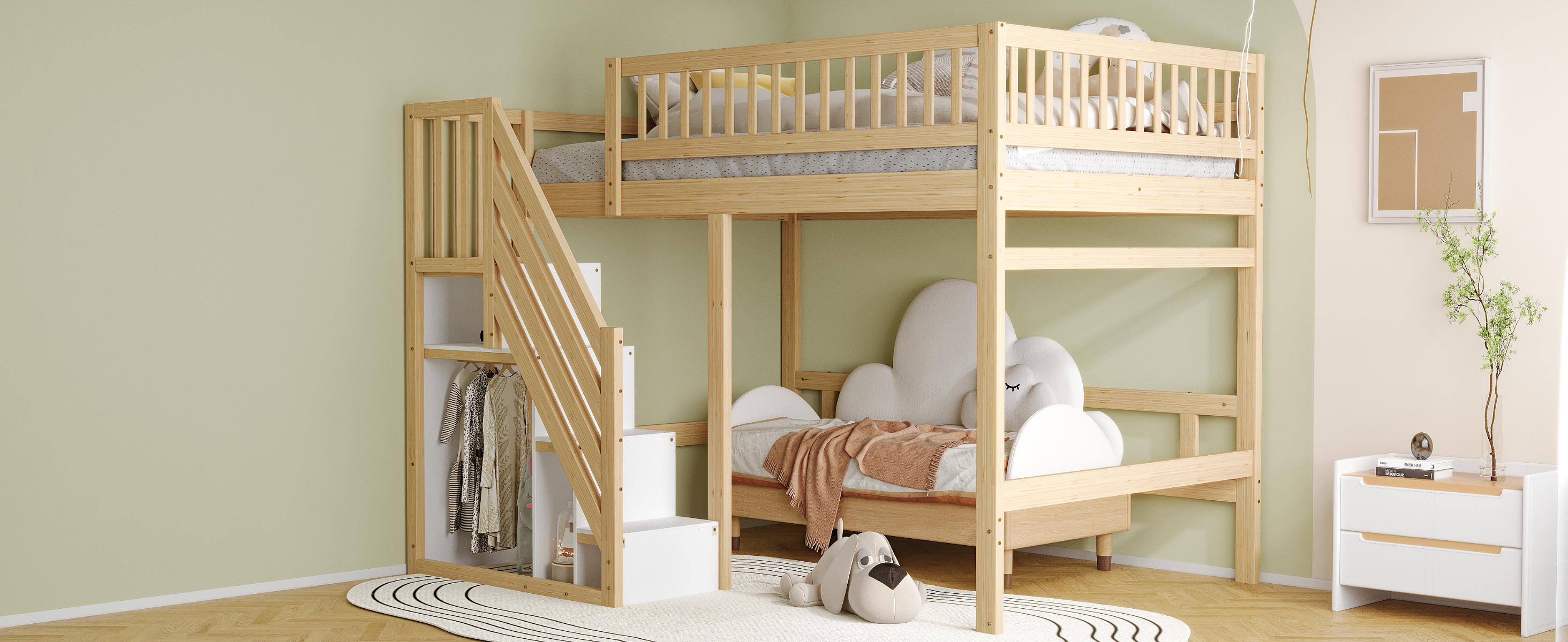 produit fini lit mezzanine bois massif avec escalier‑rangement finition aspect bois