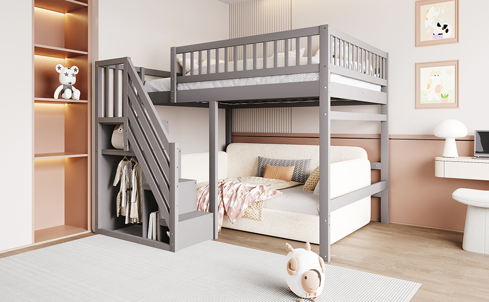 détail escalier‑rangement avec compartiments de rangement