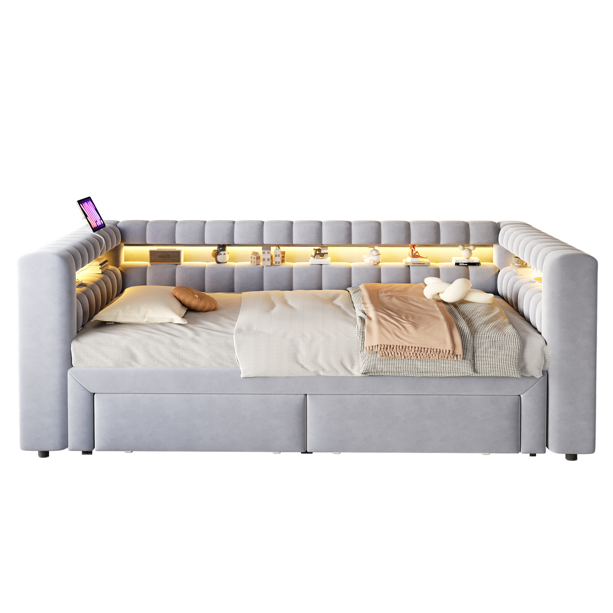 Lit banquette convertible 90x190 cm extensible à 180x190 cm,en velours,couchage gigogne,éclairage LED,ports USB et Type-C,gris clair et gris,lit 1 place,lit avec rangement intégré