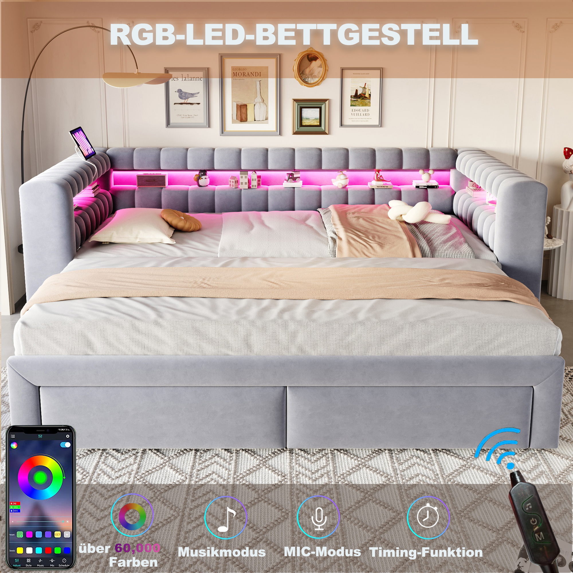 Lit rembourré, ports USB, extensible, avec tiroirs, éclairage led, 210 x 109 x 80 cm, velours et tissu, gris clair - vue 6