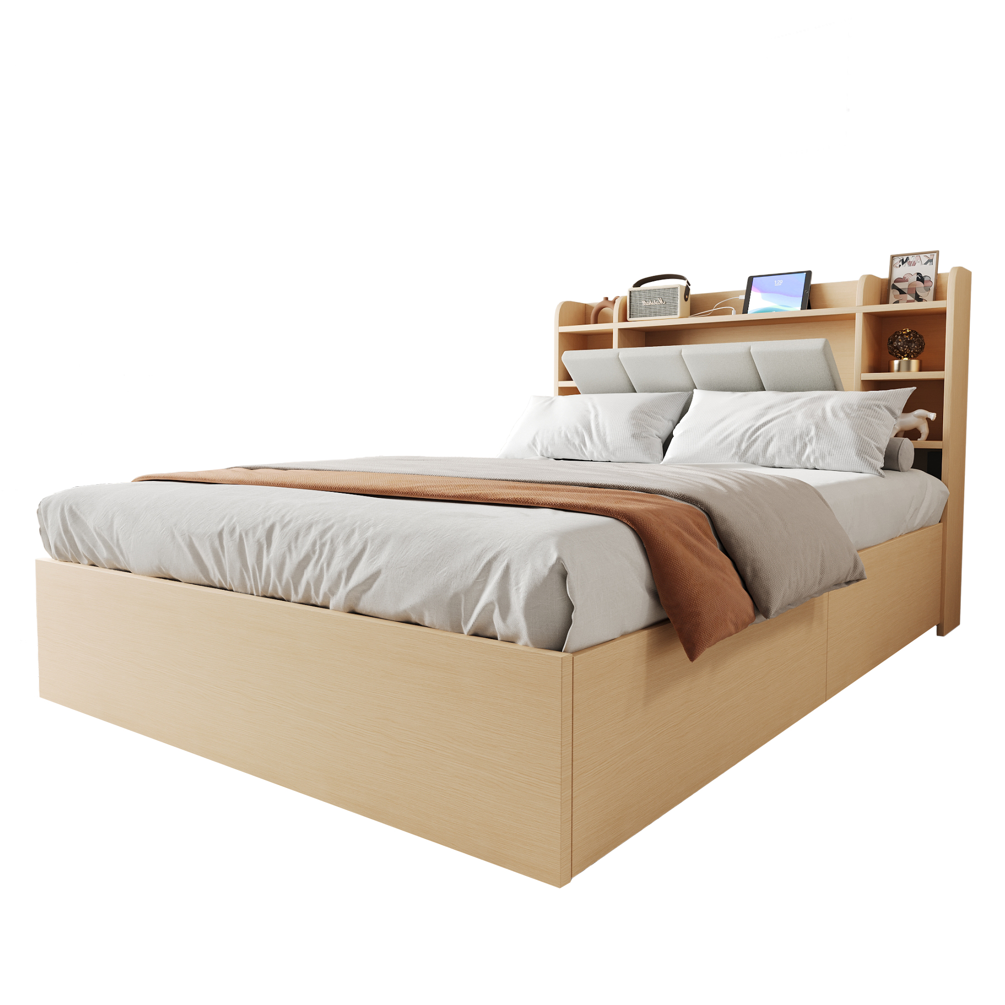 Dimensions et détails du lit coffre hydraulique 140 x 200 cm avec tête de lit à rangements, prises usb type-c et structure mdf bois naturel