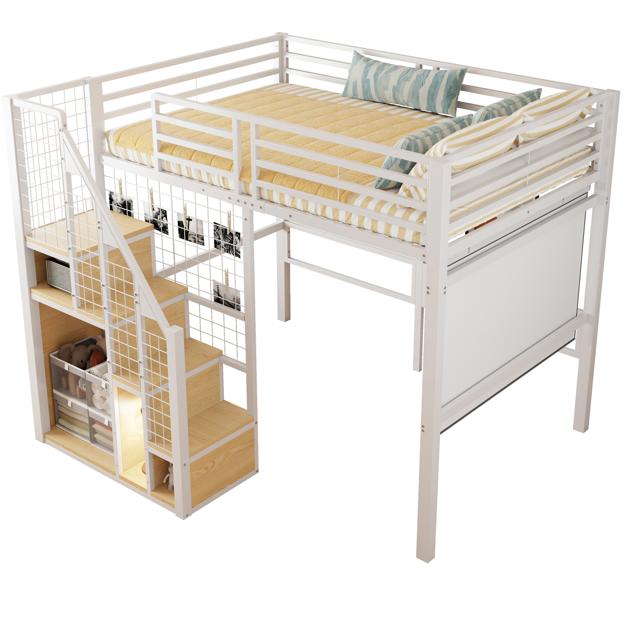 Dimensions et détails du lit mezzanine en métal 140 x 200 cm avec rangement penderie, escalier et espace inférieur blanc