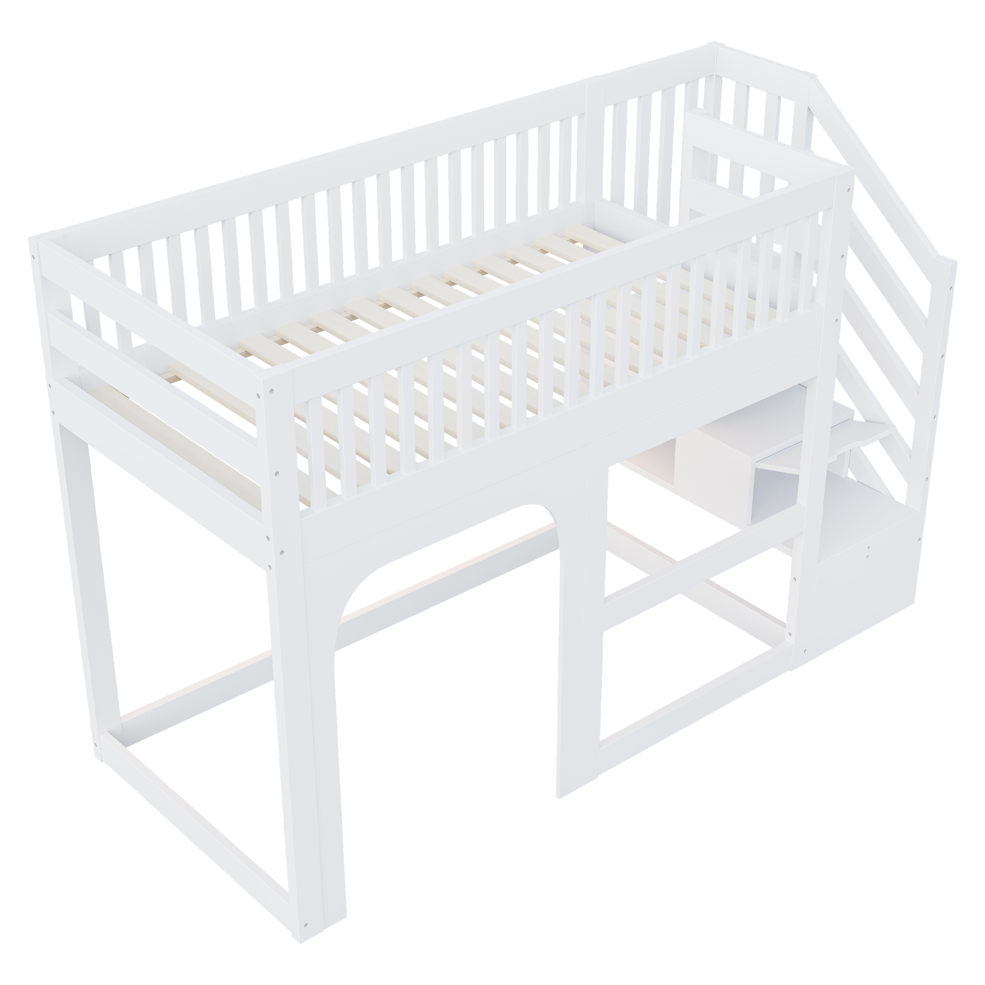 Présentation de Lit mezzanine en bois 90 x 200 cm avec éclairage LED, rangements et barrières de sécurité, Blanc