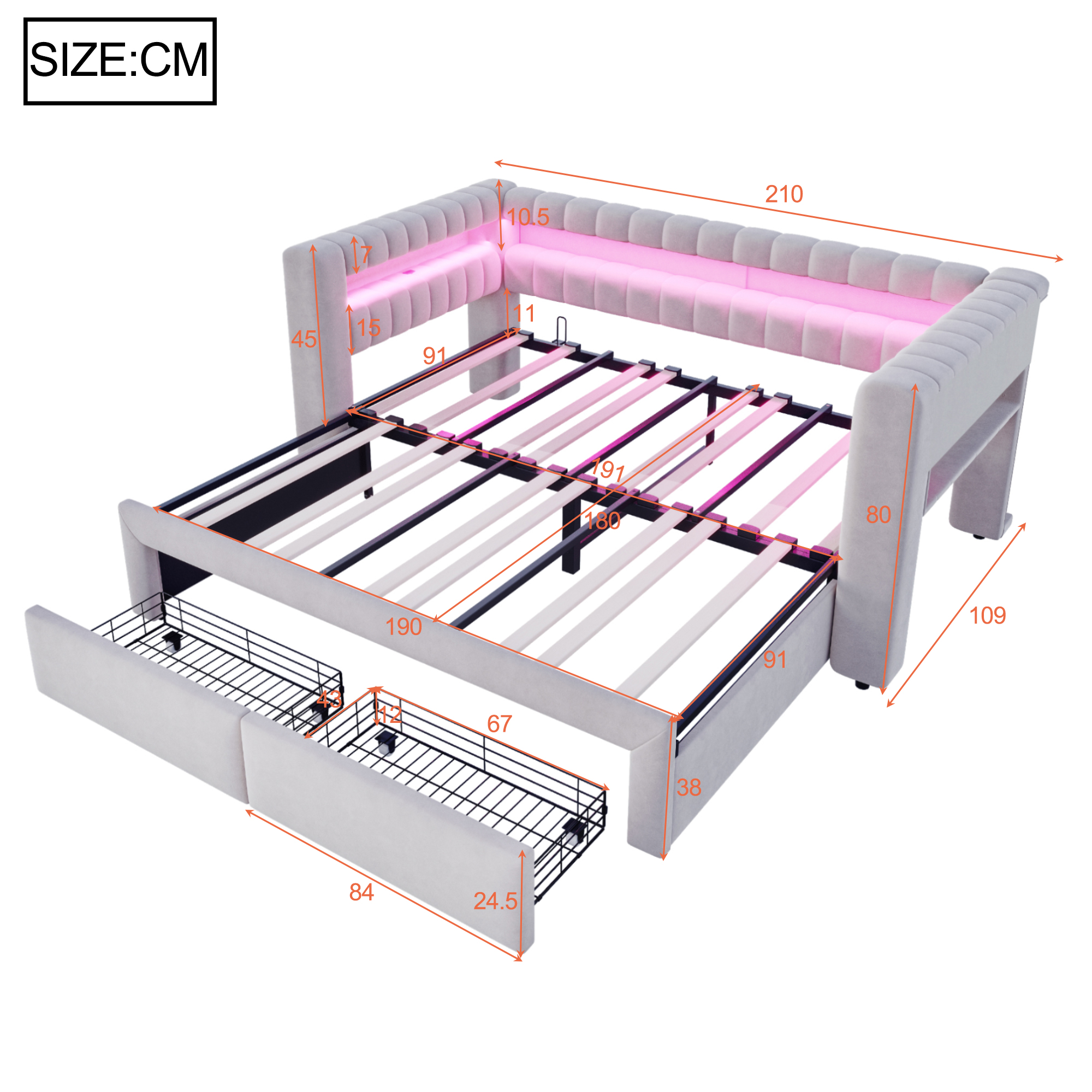 Lit banquette convertible 90x190 cm extensible à 180x190 cm,en velours,couchage gigogne,éclairage LED,ports USB et Type-C,gris clair et gris,lit 1 place,lit avec rangement intégré