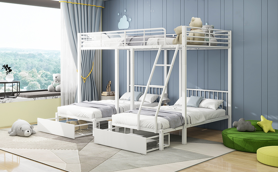 Lit triple 140×200 + 2×90×200 cm avec 2 tiroirs escamotables, divisible en 3 lits séparés, pour famille et invités, gain de place vertical, beaucoup de couchages, design polyvalent, stabilité, fonctionnalité - image 9