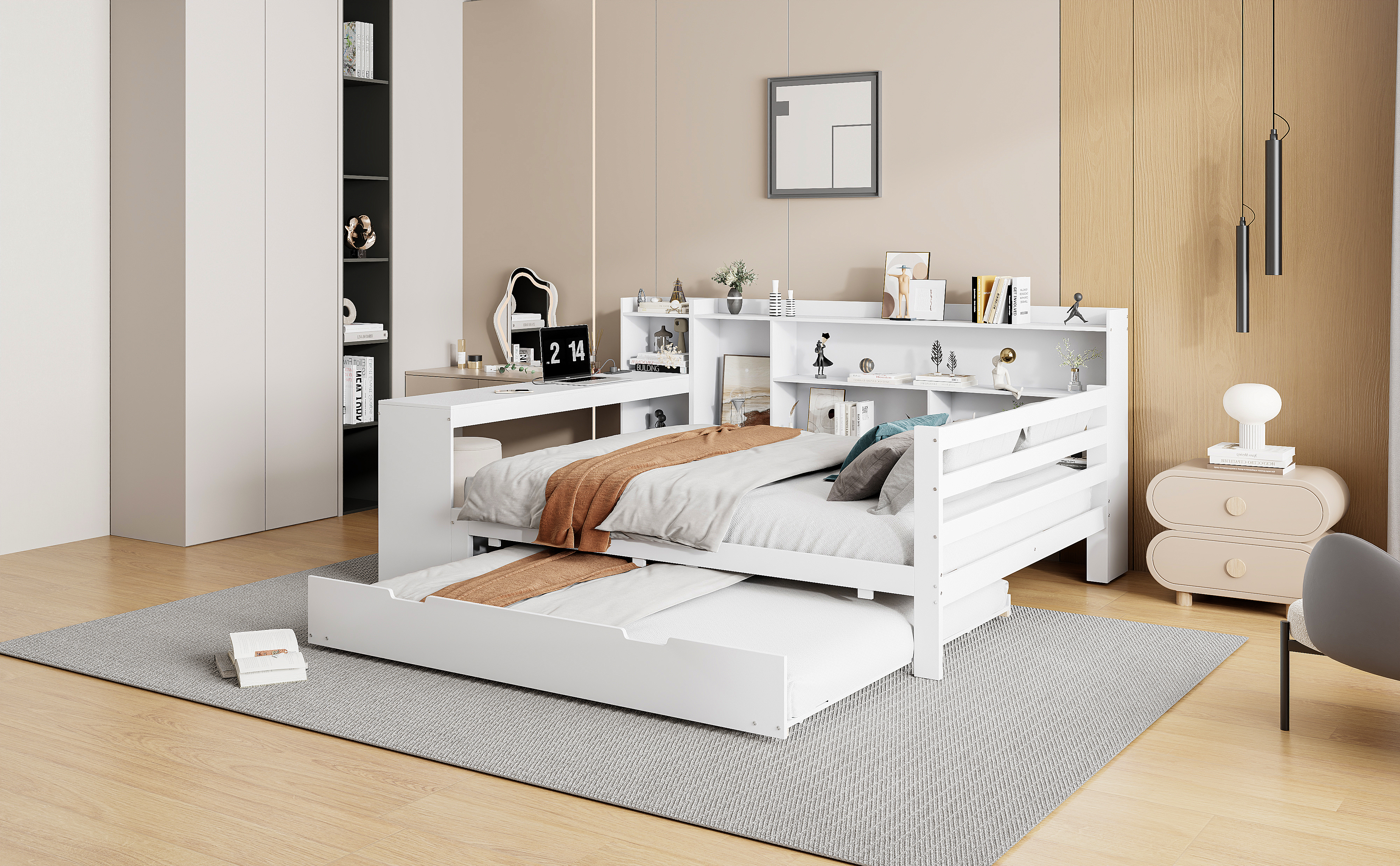 Canapé-lit en bois avec escamotable, étagères, bibliothèques, compartiments, prise + USB, pour salon et chambre, beaucoup de rangement, couchage supplémentaire, recharge au lit, design fonctionnel, stabilité, durabilité - image 7