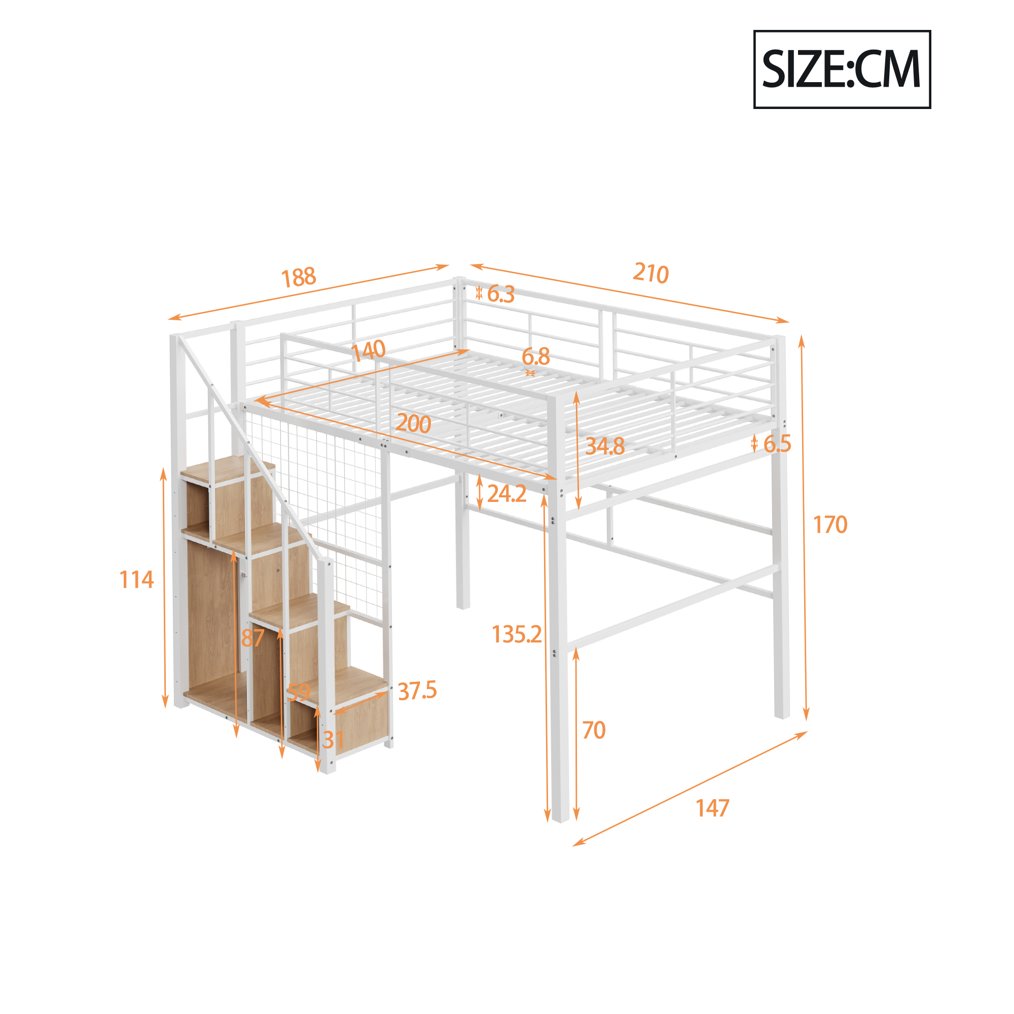 Lit mezzanine en métal 140 x 200 cm avec rangement penderie, escalier et espace inférieur blanc vue détaillée