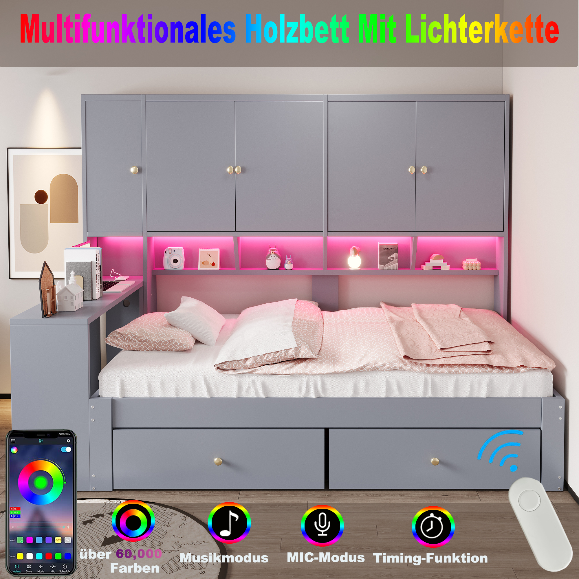 Détails des tiroirs, niches et bandes LED du lit multifonction 90 x 200 cm gris