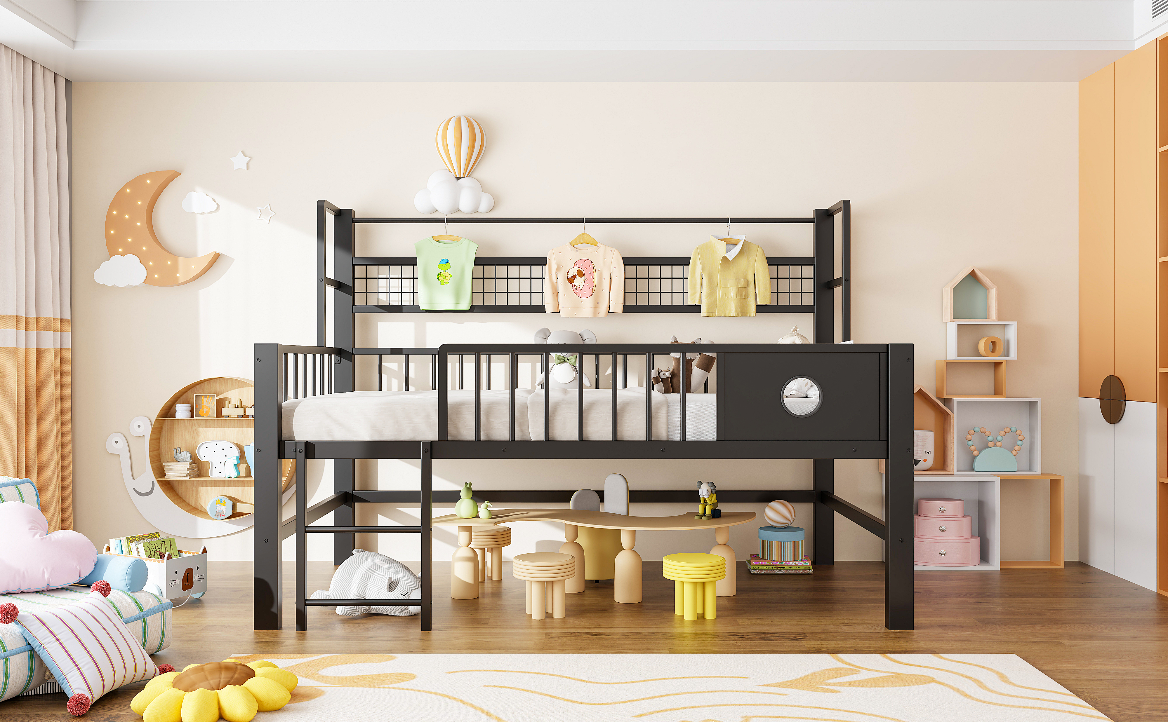 Espace de rangement sous le lit mezzanine