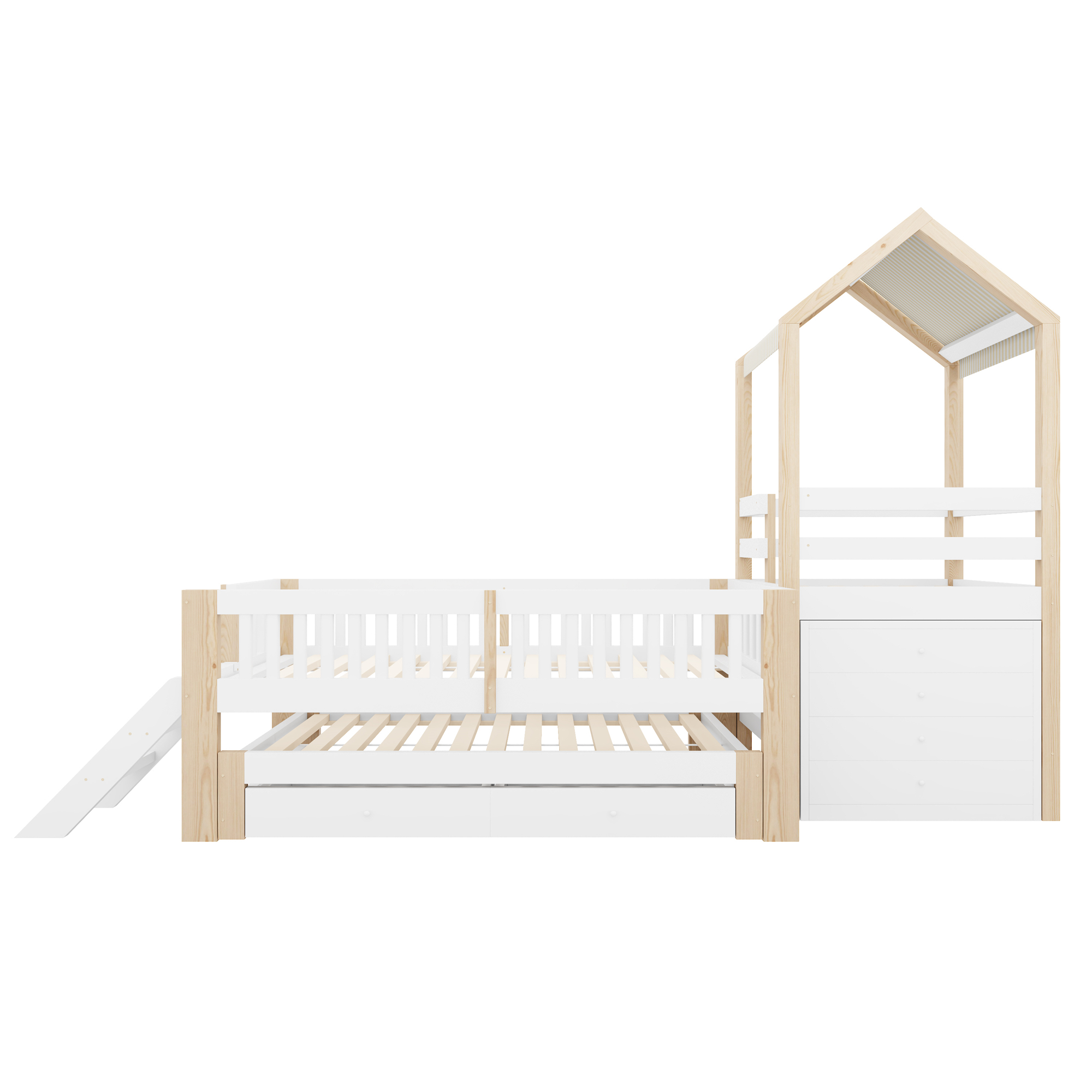 Présentation de Lit superposé en bois 90 x 200 cm + 90 x 190 cm avec lit gigogne, tiroirs, rangements et toit cabane, Blanc et Naturel