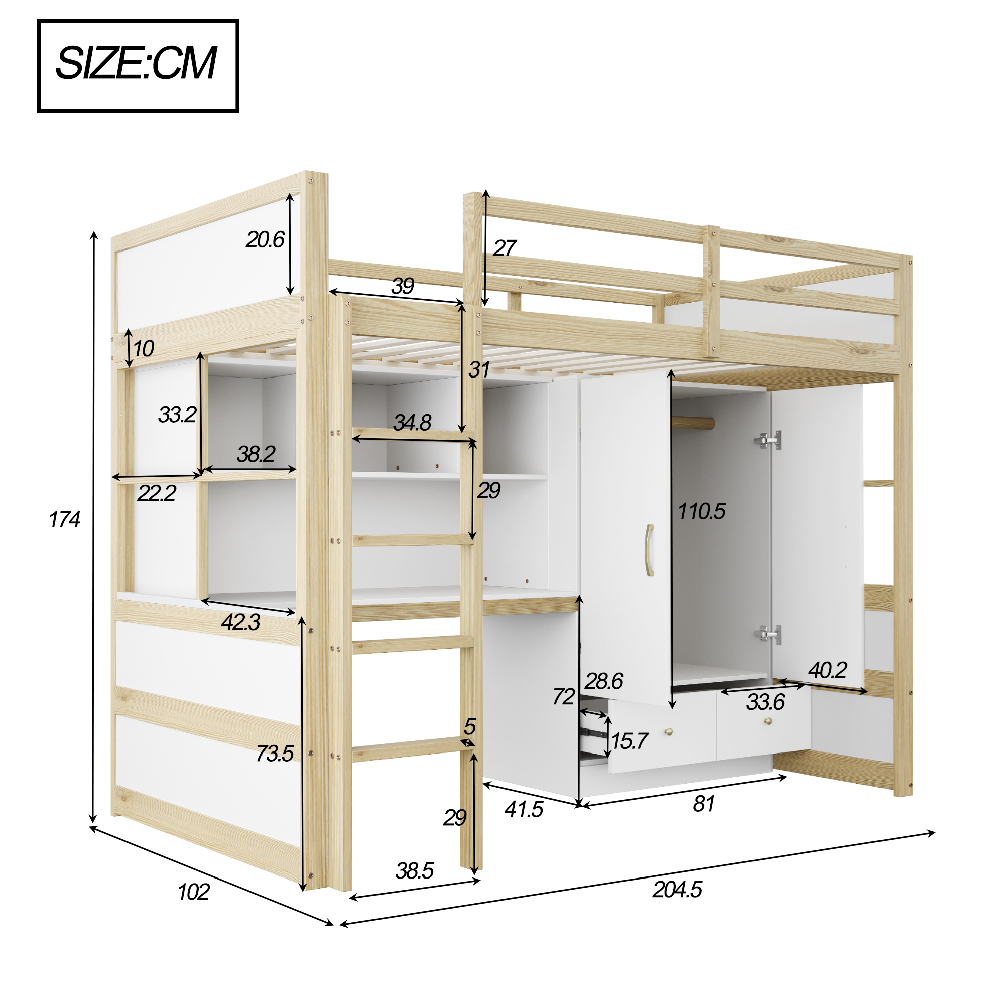 Lit mezzanine 90x200 cm gain de place 204,5x102x174 cm en bois Bois naturel - présentation 1