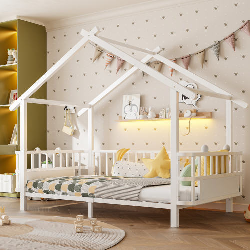 Lit enfant 90x200 cm avec structure ouverte en forme de maison