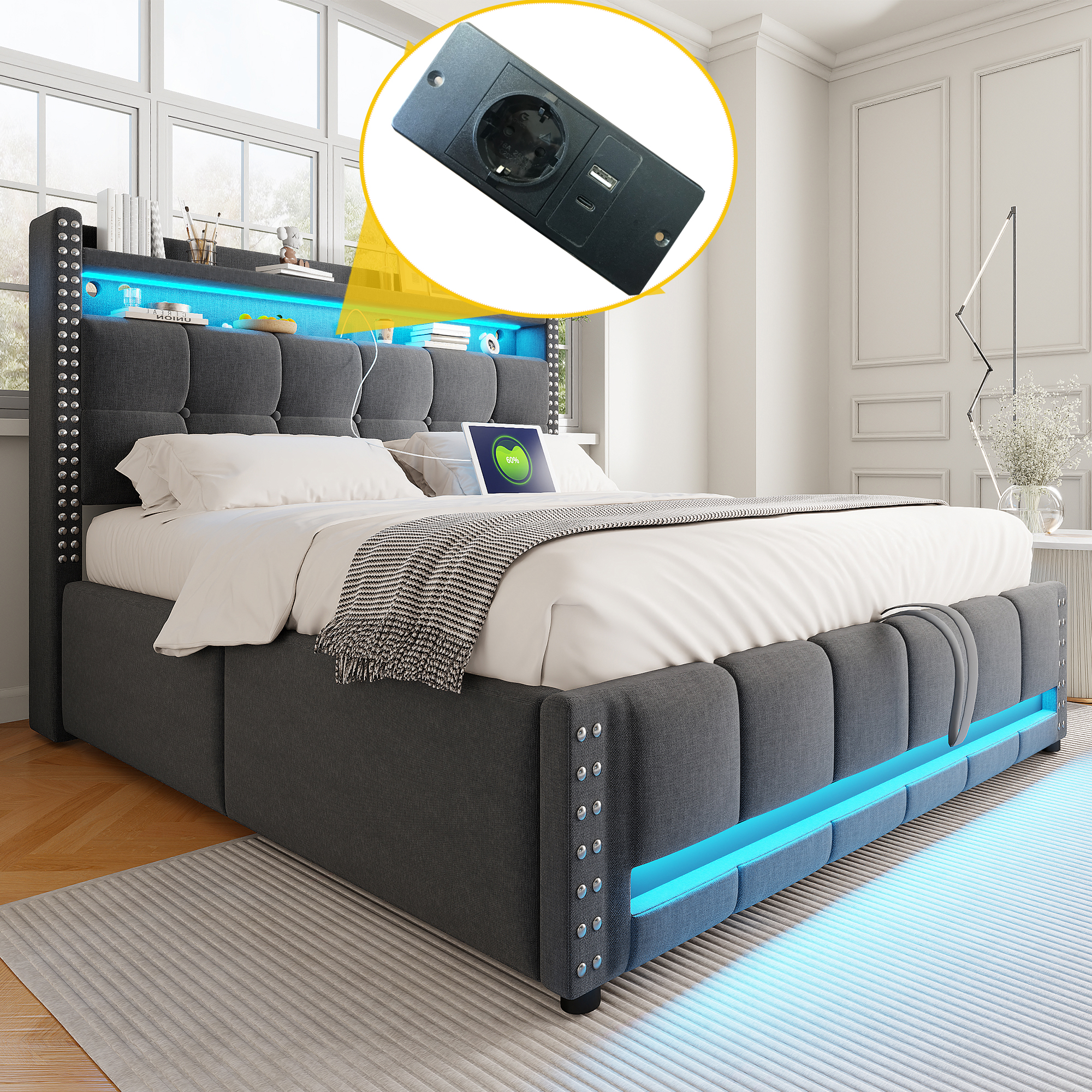 Polsterbett 140*200cm mit LED-Beleuchtung und USB-