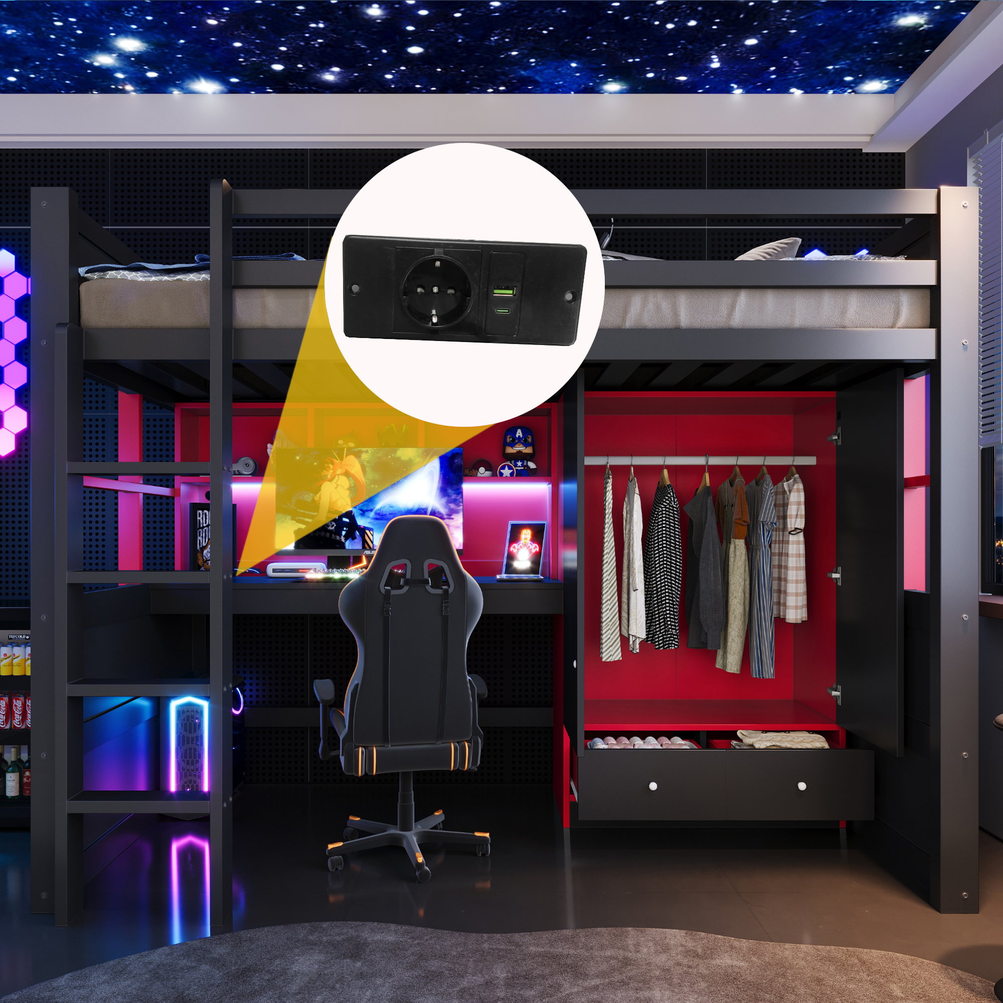 Espace de travail et rangements sous le lit mezzanine