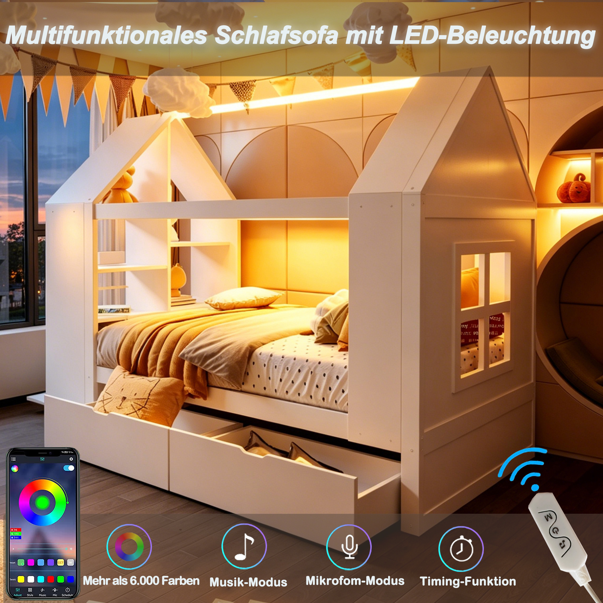 Lit cabane enfant 90 x 200 cm, 2 tiroirs, éclairage LED latéral, bois massif et MDF, blanc, 235 x 95 x 154,5 cm 🏠 - spécifications 1