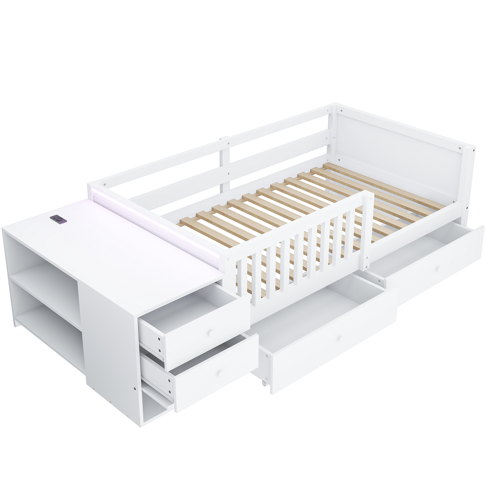 Lit enfant 90 x 200 cm avec 2 tiroirs, bureau, LED, ports de charge, bois, Blanc - vue complémentaire