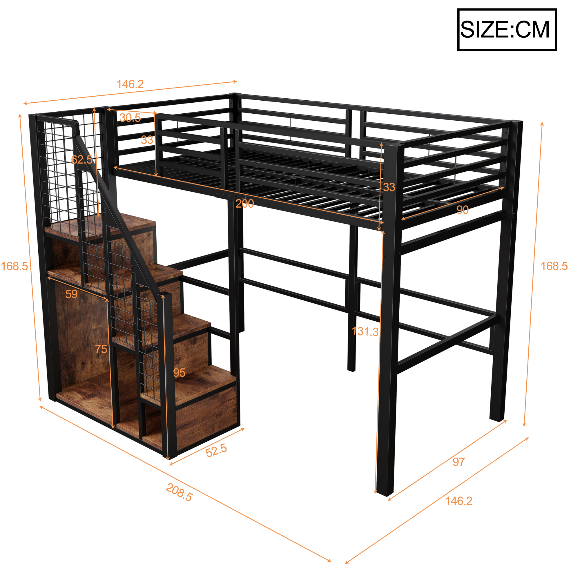 Lit mezzanine en métal 90 x 200 cm avec rangement penderie, escalier et espace inférieur noir vue détaillée
