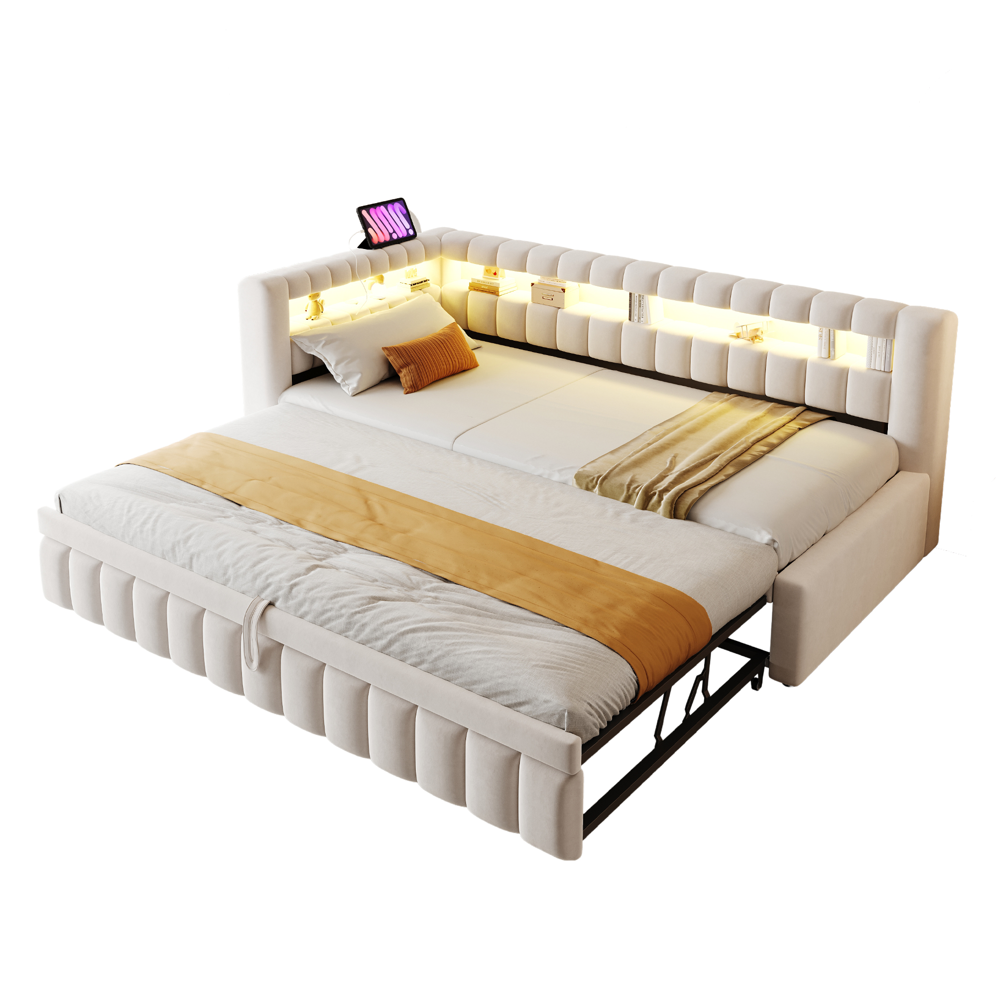 Lit banquette convertible 90x200 cm,en velours,couchage gigogne,éclairage LED,ports USB et Type-C,beige,lit 1 place,lit avec rangement intégré