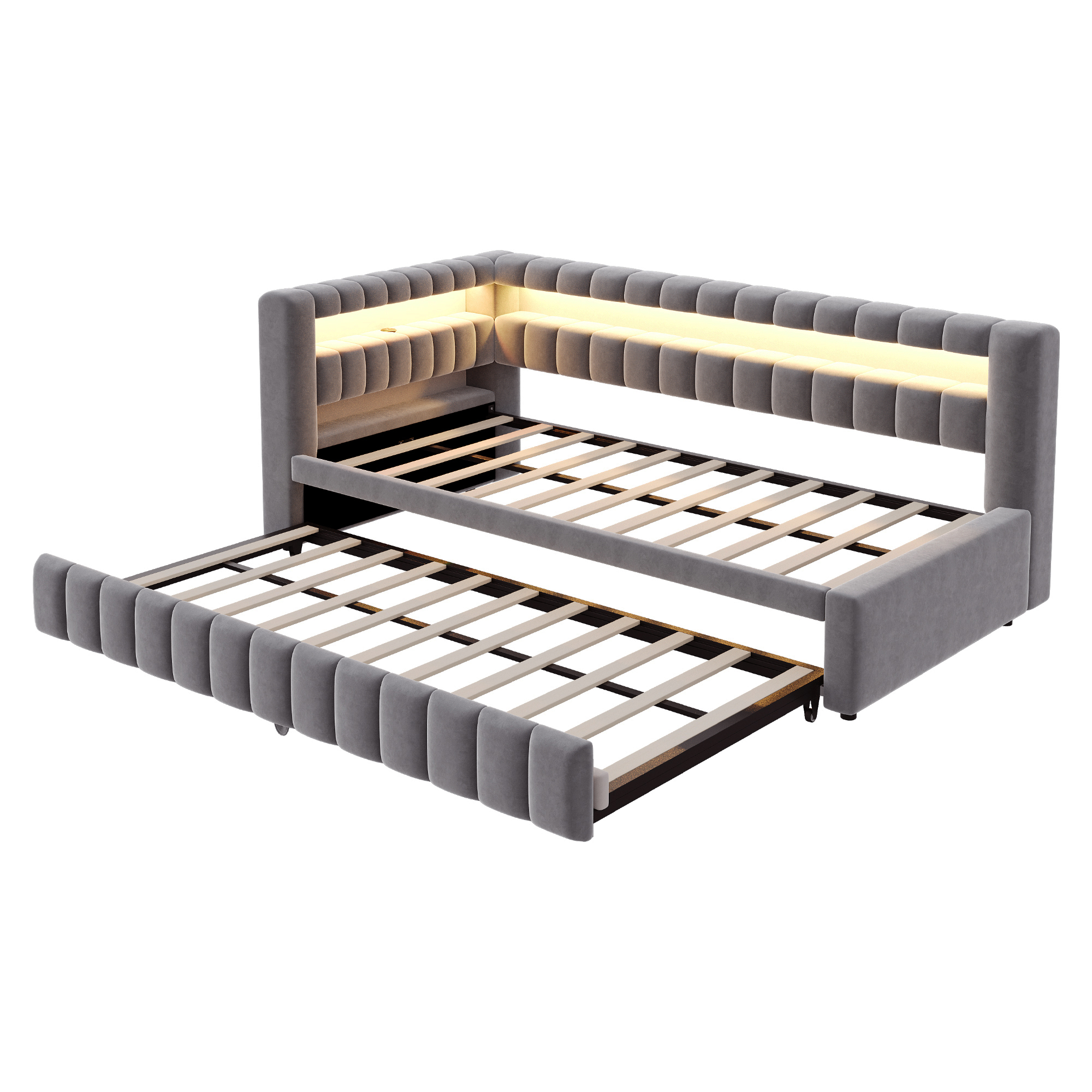 Lit banquette convertible 90x200 cm,en velours,couchage gigogne,éclairage LED,ports USB et Type-C,gris,lit 1 place,lit avec rangement intégré
