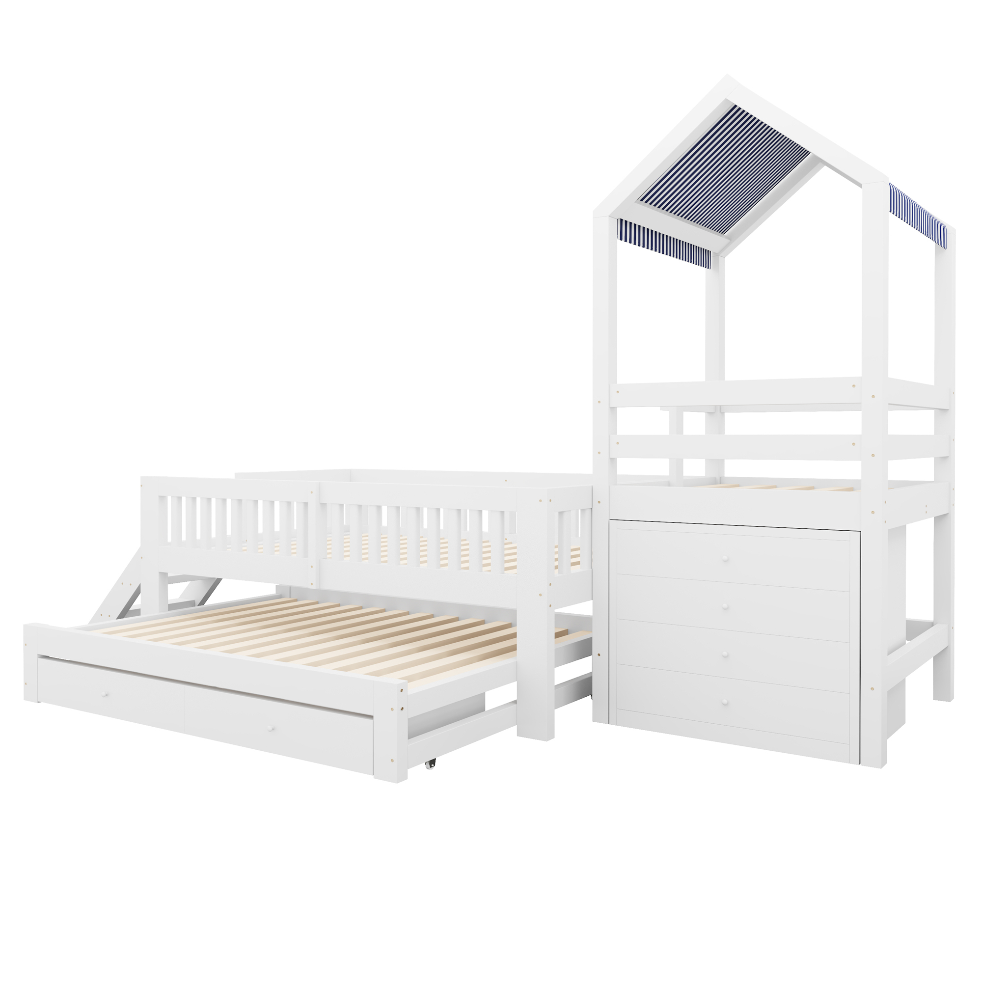 Présentation de Lit superposé en bois 90 x 200 cm + 90 x 190 cm avec lit gigogne, tiroirs, rangements et toit cabane, Blanc