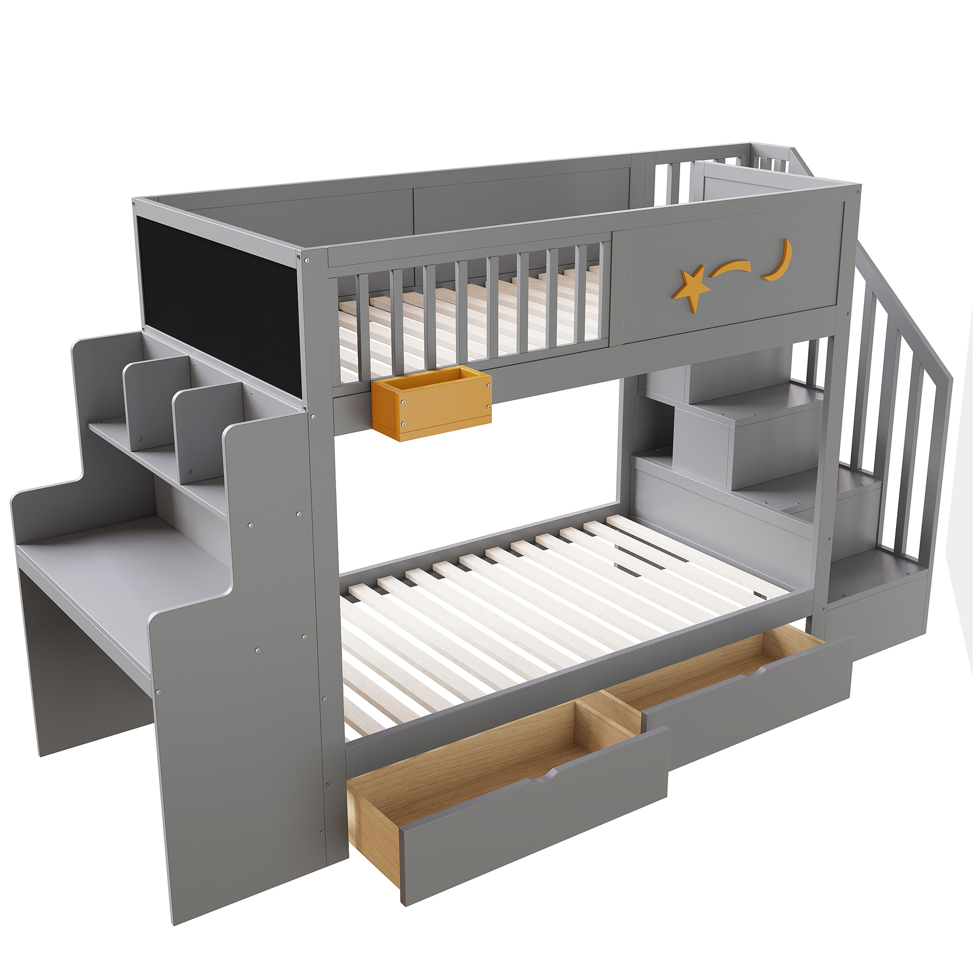 Lit superposé enfant 90 x 200 cm en bois avec bureau, tiroirs, escalier de rangement et finition gris en situation