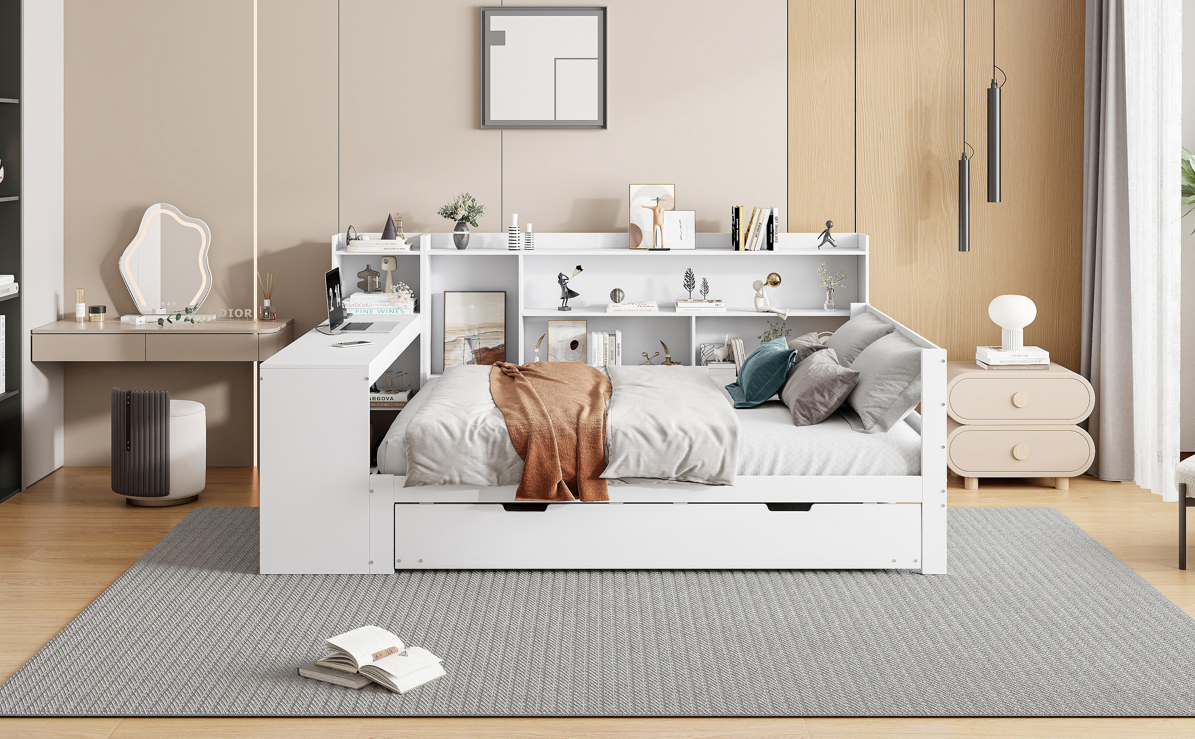 Canapé-lit en bois avec escamotable, étagères, bibliothèques, compartiments, prise + USB, pour salon et chambre, beaucoup de rangement, couchage supplémentaire, recharge au lit, design fonctionnel, stabilité, durabilité - image 6