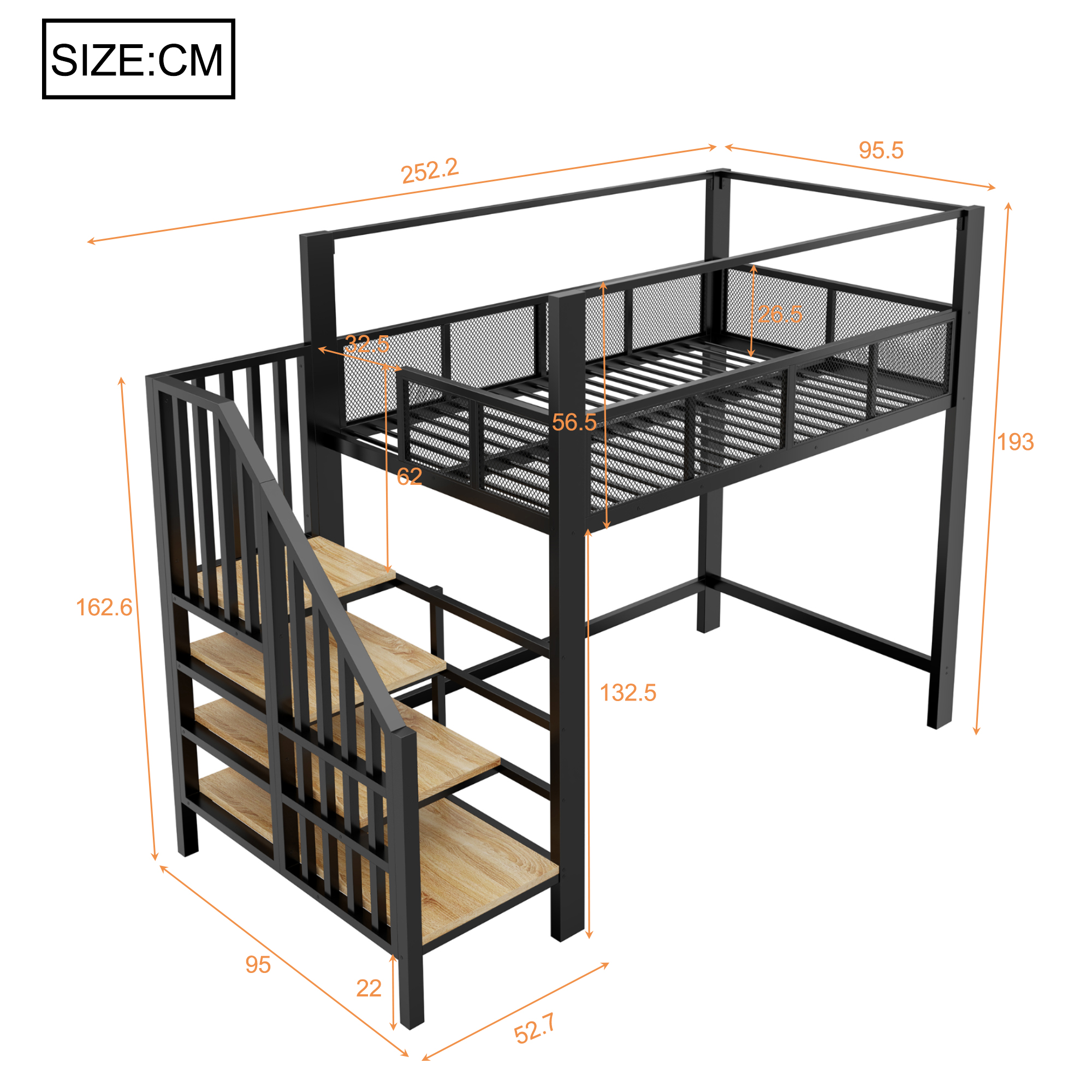 Lit mezzanine 90 x 200 cm, bureau intégré, escalier de rangement, baldaquin, garde-corps, métal, noir, 252,2 x 95,5 x 193 cm - vue complémentaire 1