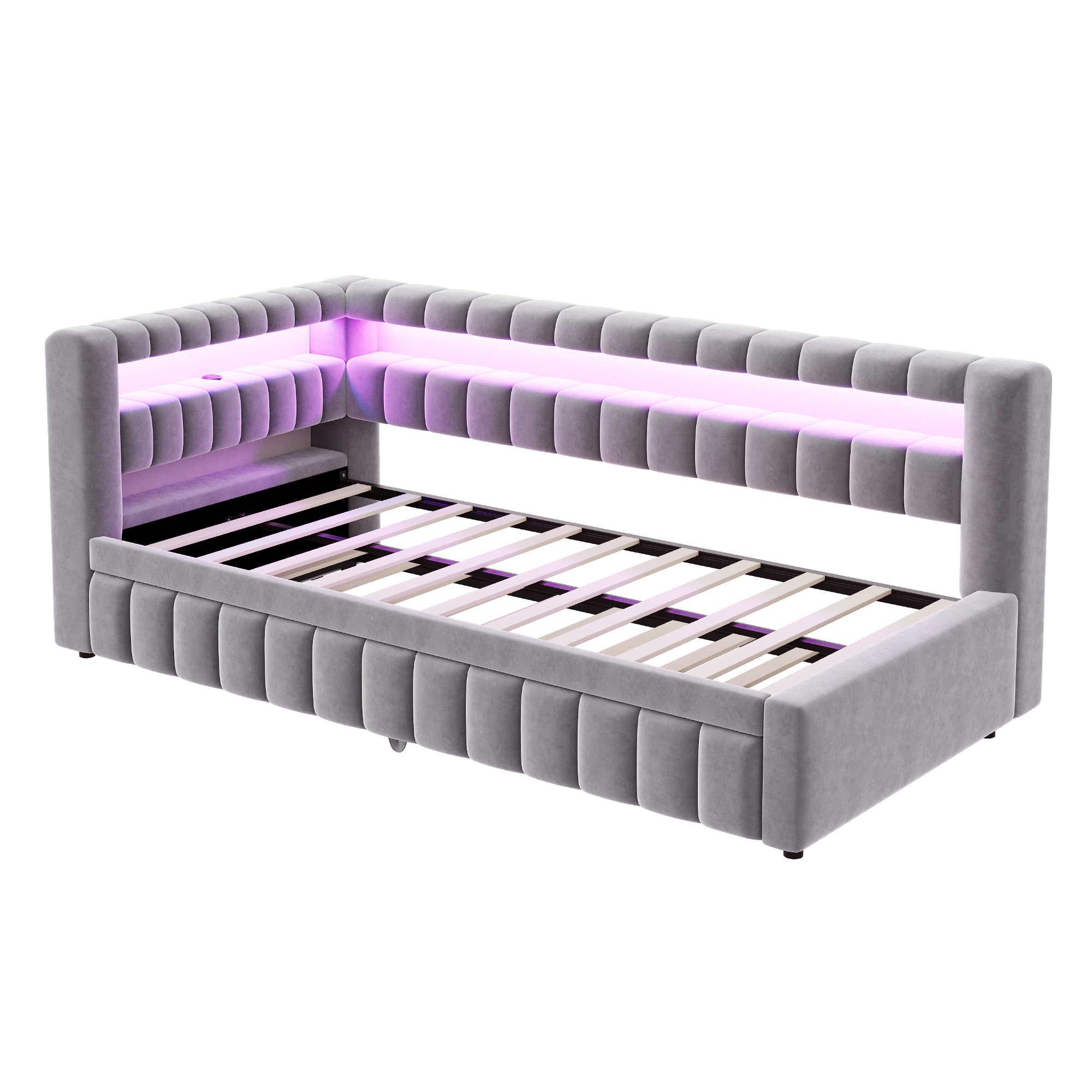 Lit banquette convertible 90x200 cm,en velours,couchage gigogne,éclairage LED,ports USB et Type-C,gris clair et gris,lit 1 place,lit avec rangement intégré