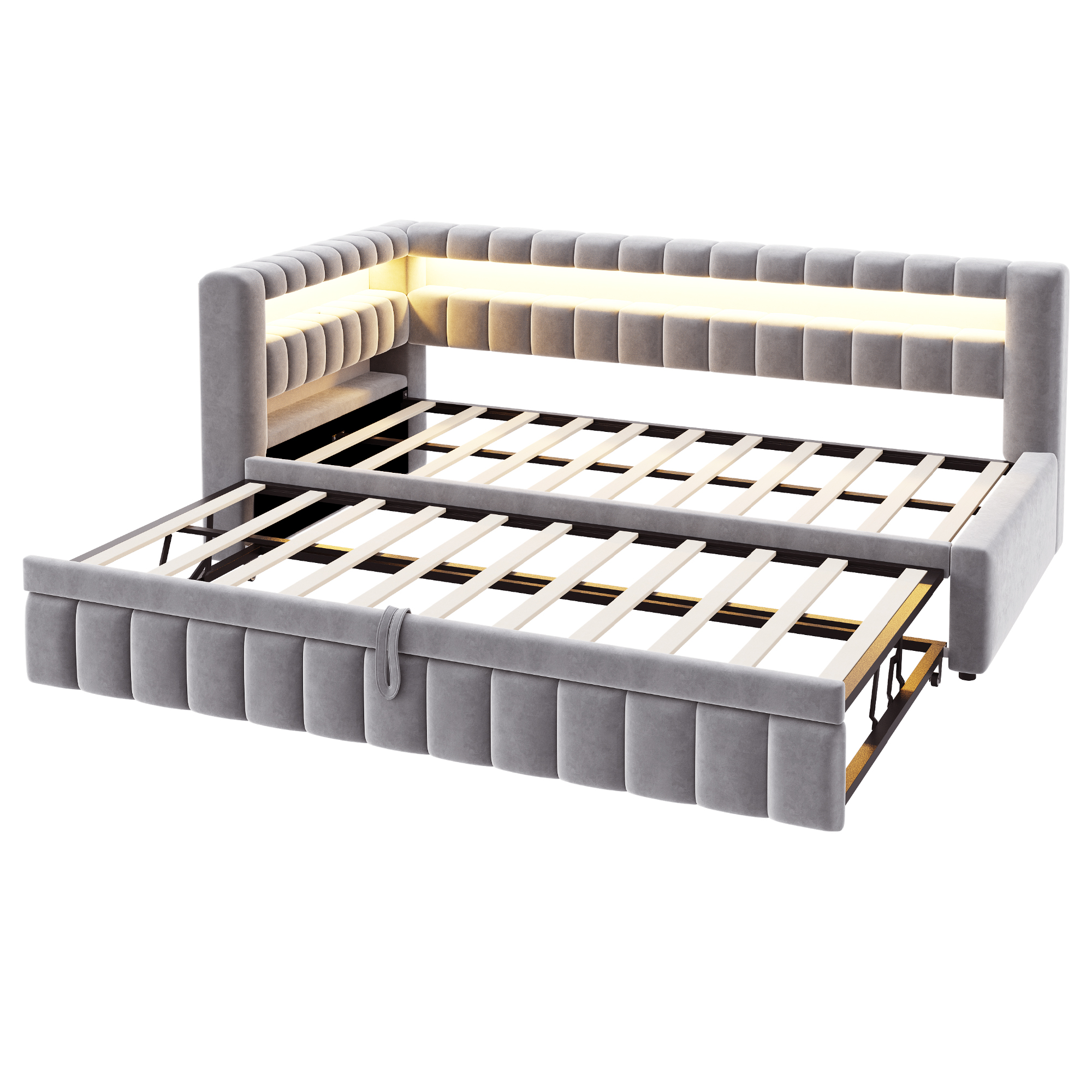 Lit banquette convertible 90x200 cm,en velours,couchage gigogne,éclairage LED,ports USB et Type-C,gris clair et gris,lit 1 place,lit avec rangement intégré