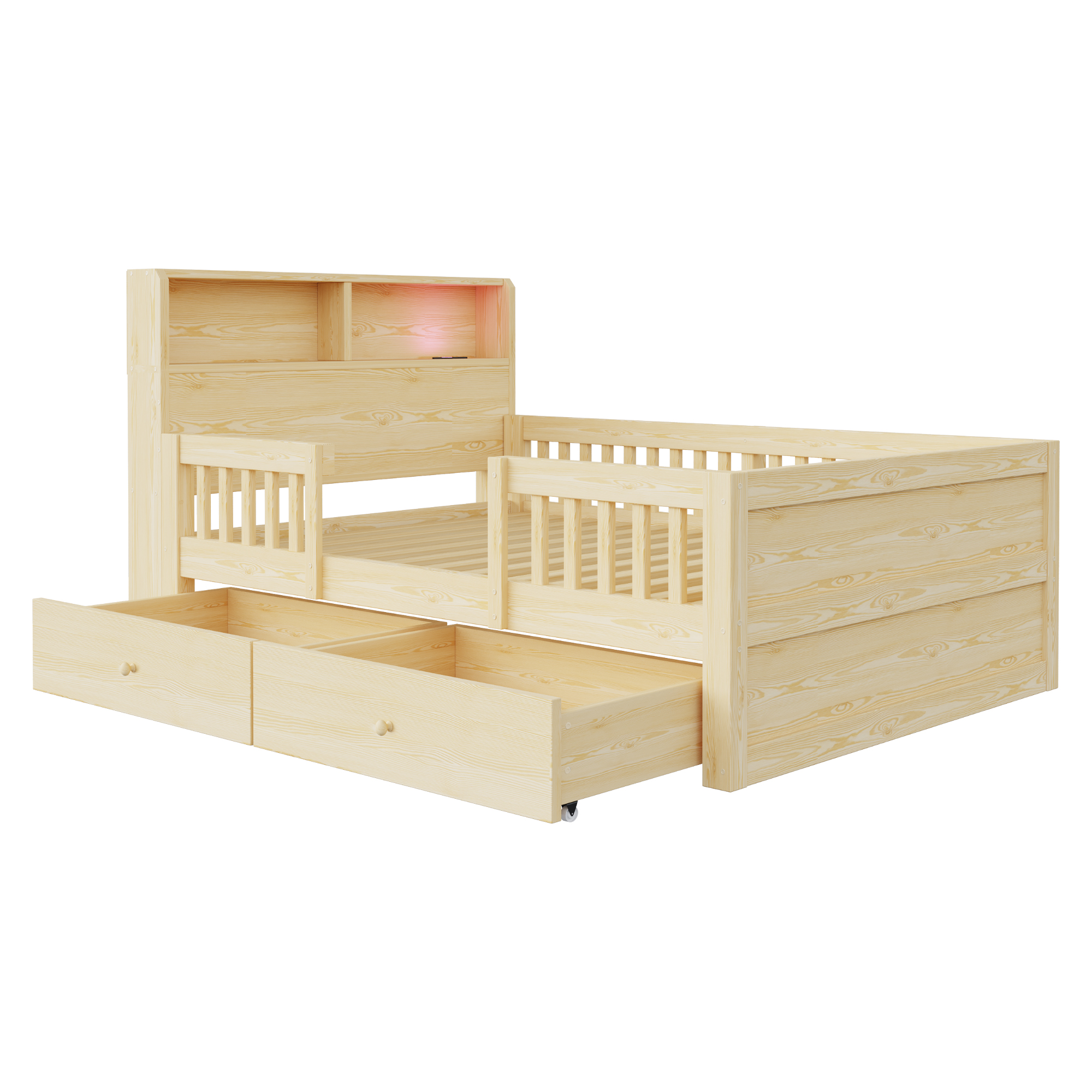 Lit enfant 90 x 190 cm, 2 tiroirs, éclairage LED intégré à la tête de lit, USB et USB-C, bois de pin, effet bois naturel, 205 x 95 x 80 cm - points forts 1