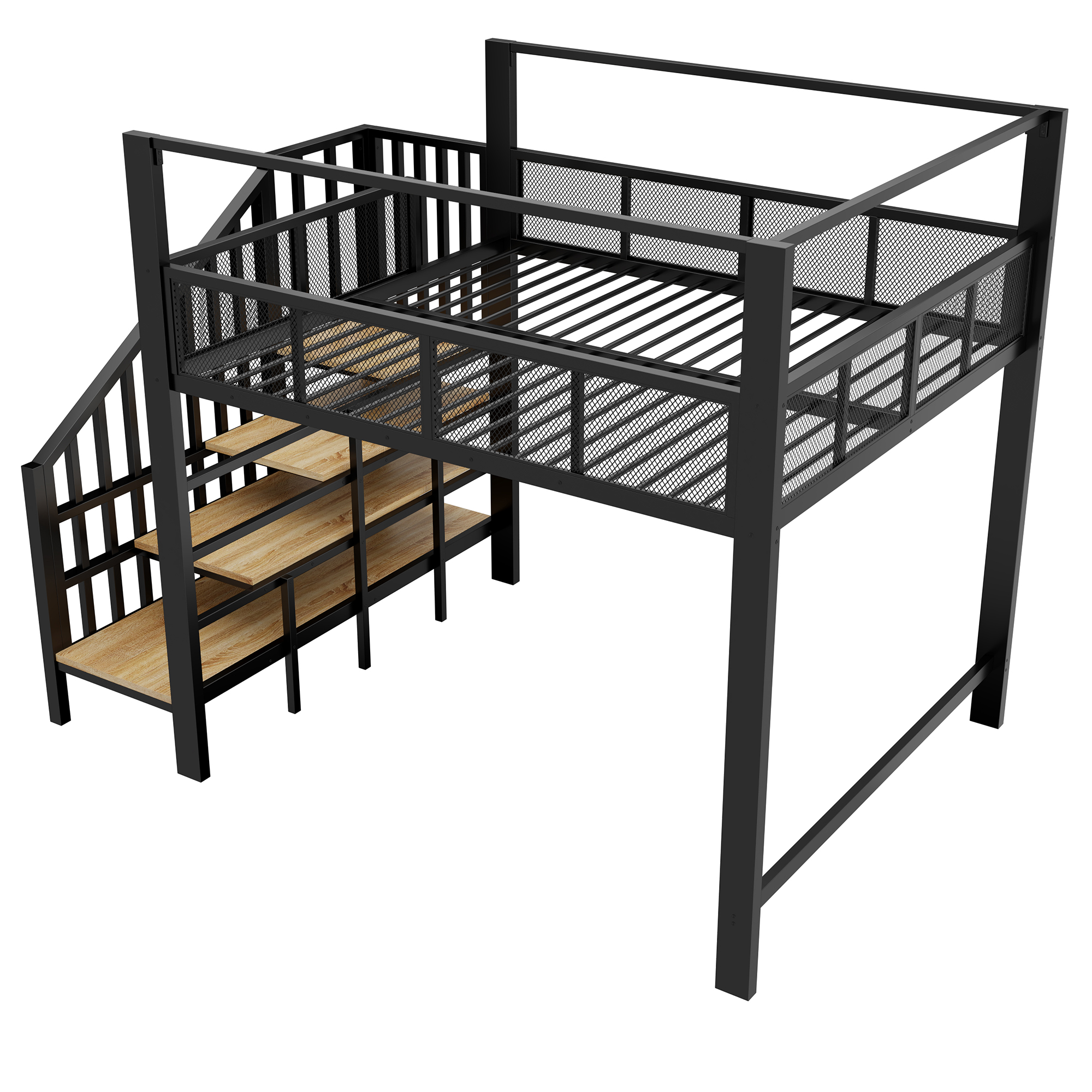 Lit mezzanine 140 x 200 cm, bureau intégré, escalier de rangement, baldaquin, garde-corps, métal, noir, 252,2 x 145,5 x 193 cm - spécifications 1