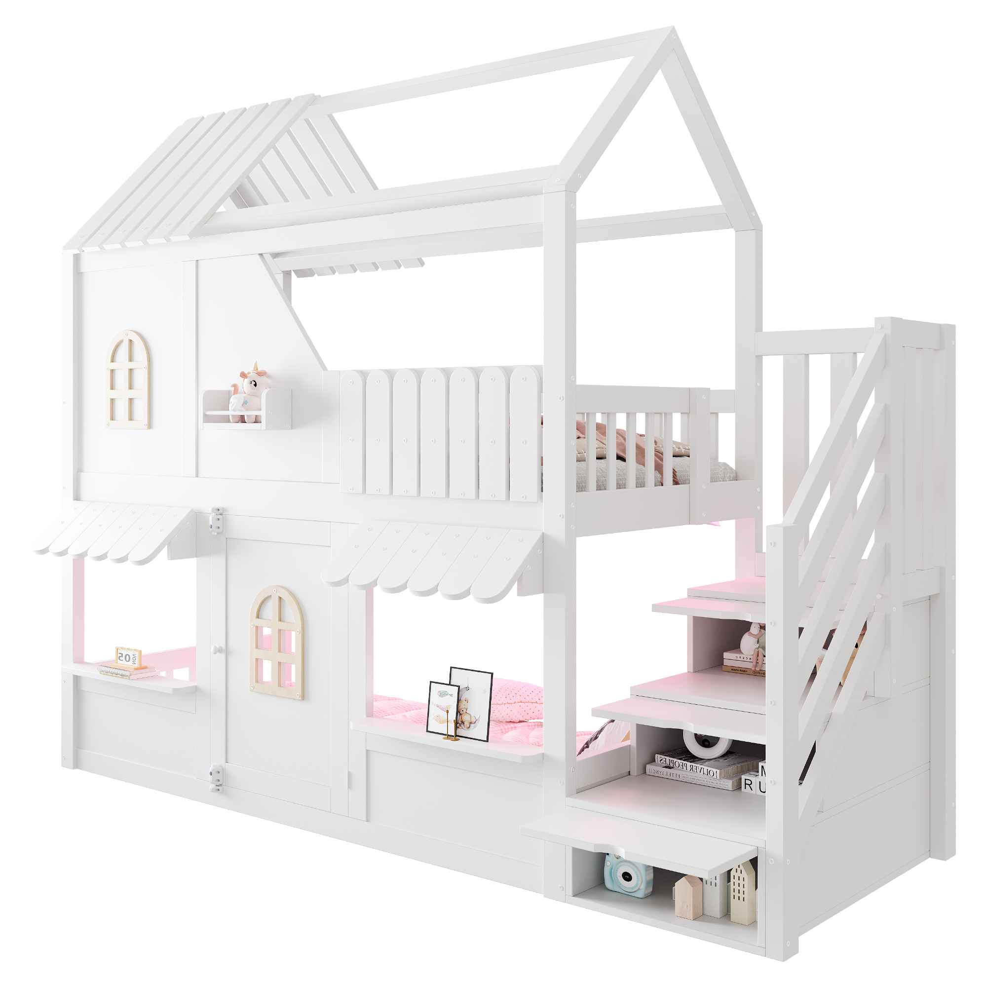 Lit superposé 90 x 200 cm avec échelle avec rangement, LED, rangements, bois, Blanc - fonctions
