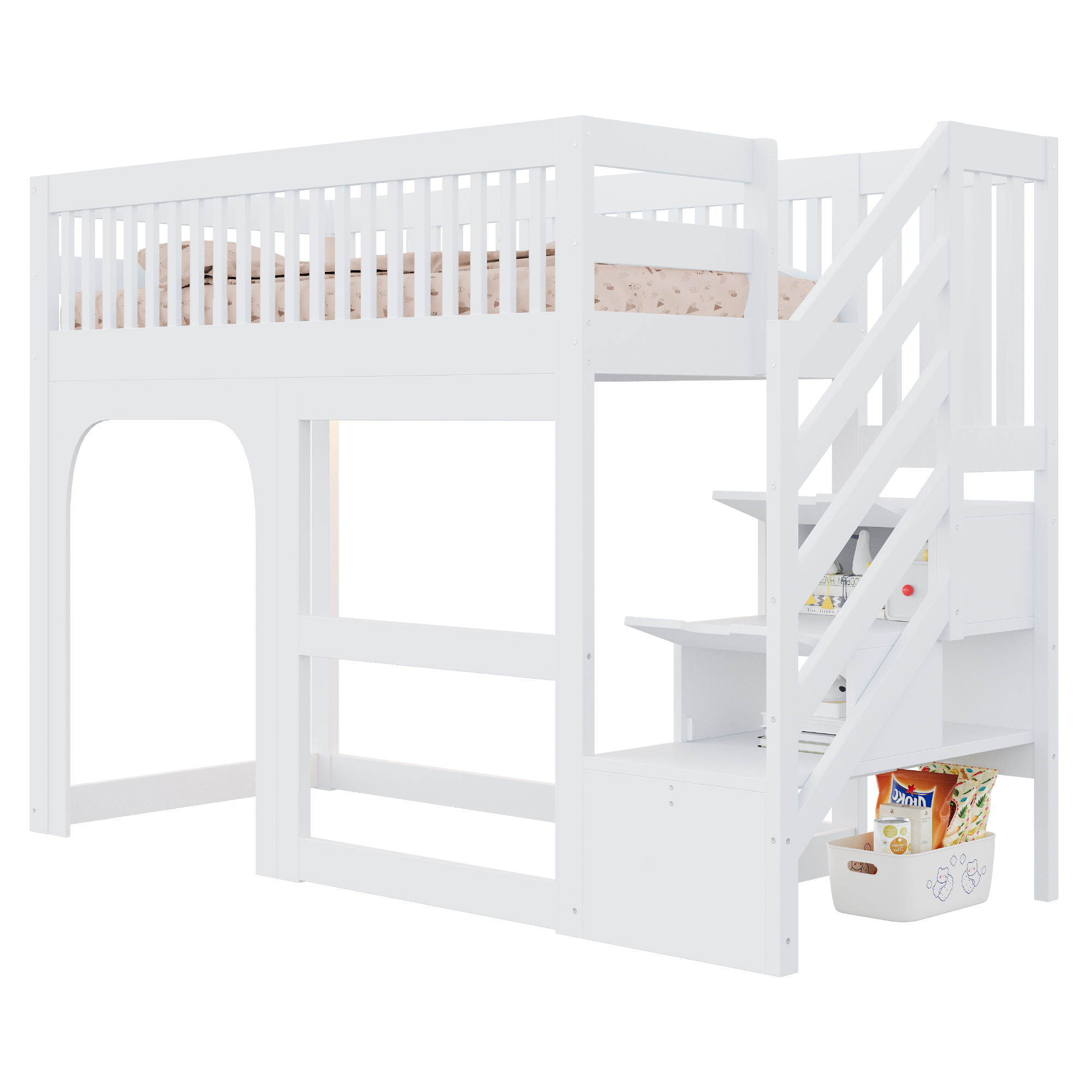 Détails de Lit mezzanine en bois 90 x 200 cm avec éclairage LED, rangements et barrières de sécurité, Blanc