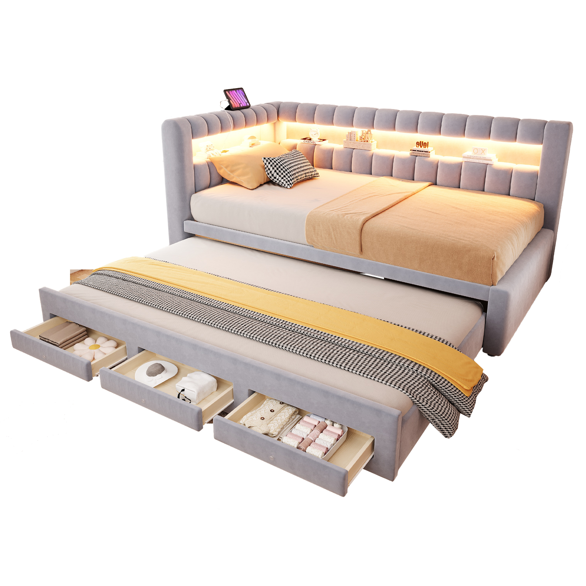 Lit banquette convertible 90x190 cm,en velours,couchage gigogne,éclairage LED,ports USB et Type-C,gris clair et gris,lit 1 place,lit avec rangement intégré