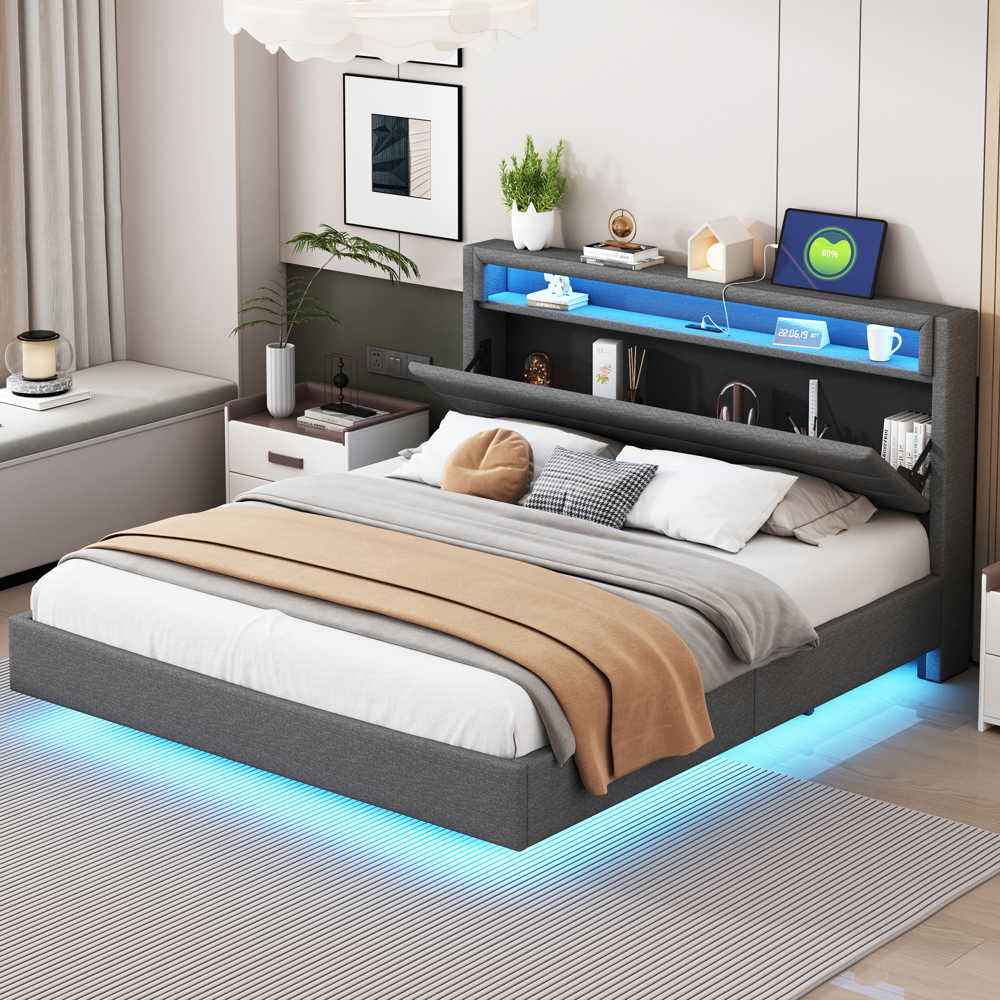 Polsterbett 160x200 cm mit USB-Steckdose und LED-L
