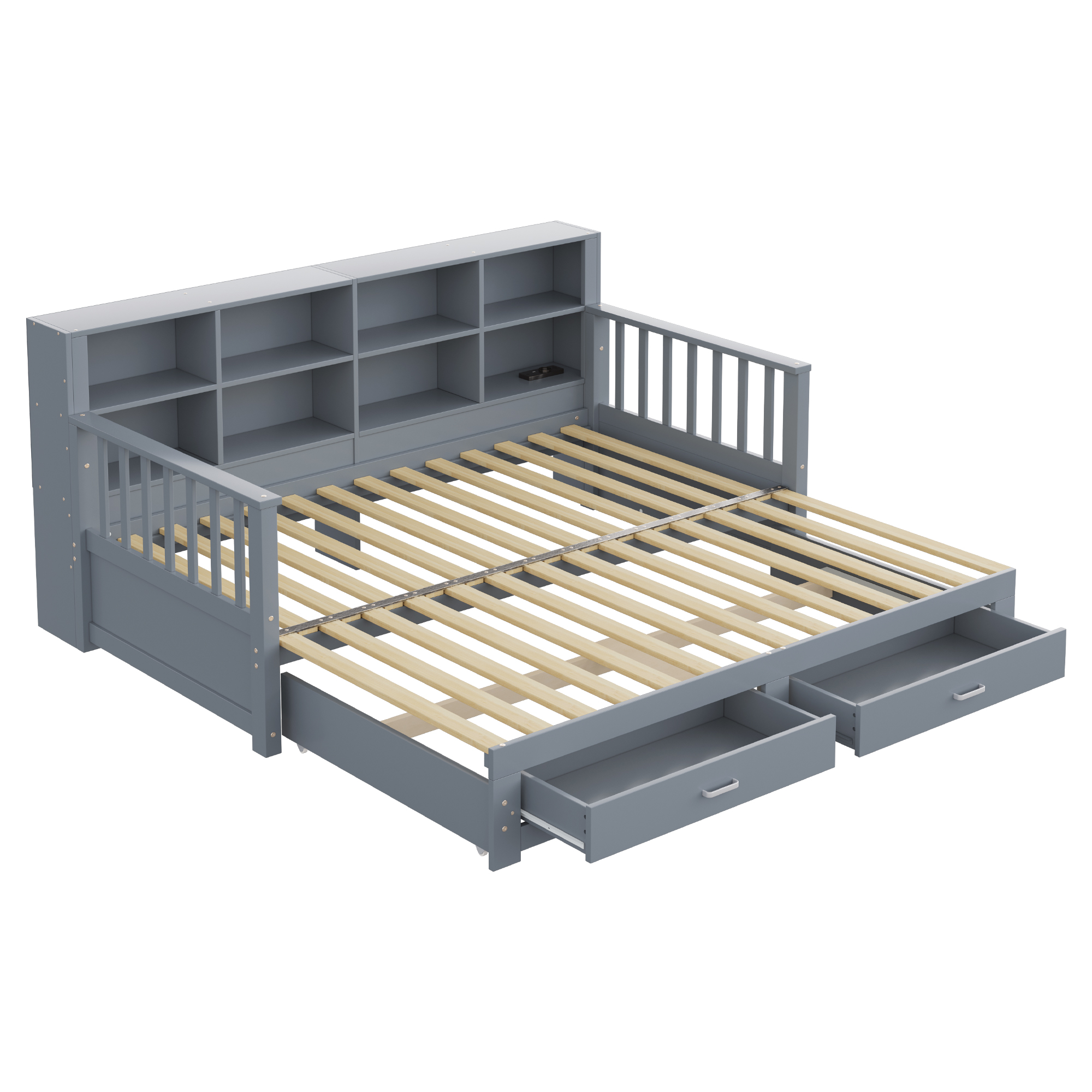 Canapé-lit en bois escamotable 90×190 à 180×190 cm, rangements dossier, prise, tiroir, pour chambre, conversion simple, beaucoup de stockage, recharge appareils, design multifonction, style pratique - image 9