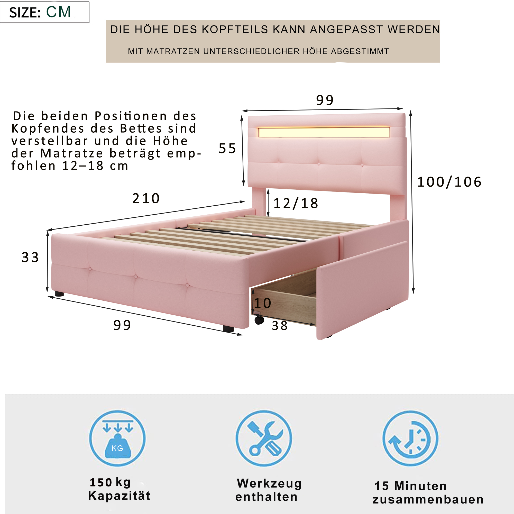 Dimensions du lit rembourré
