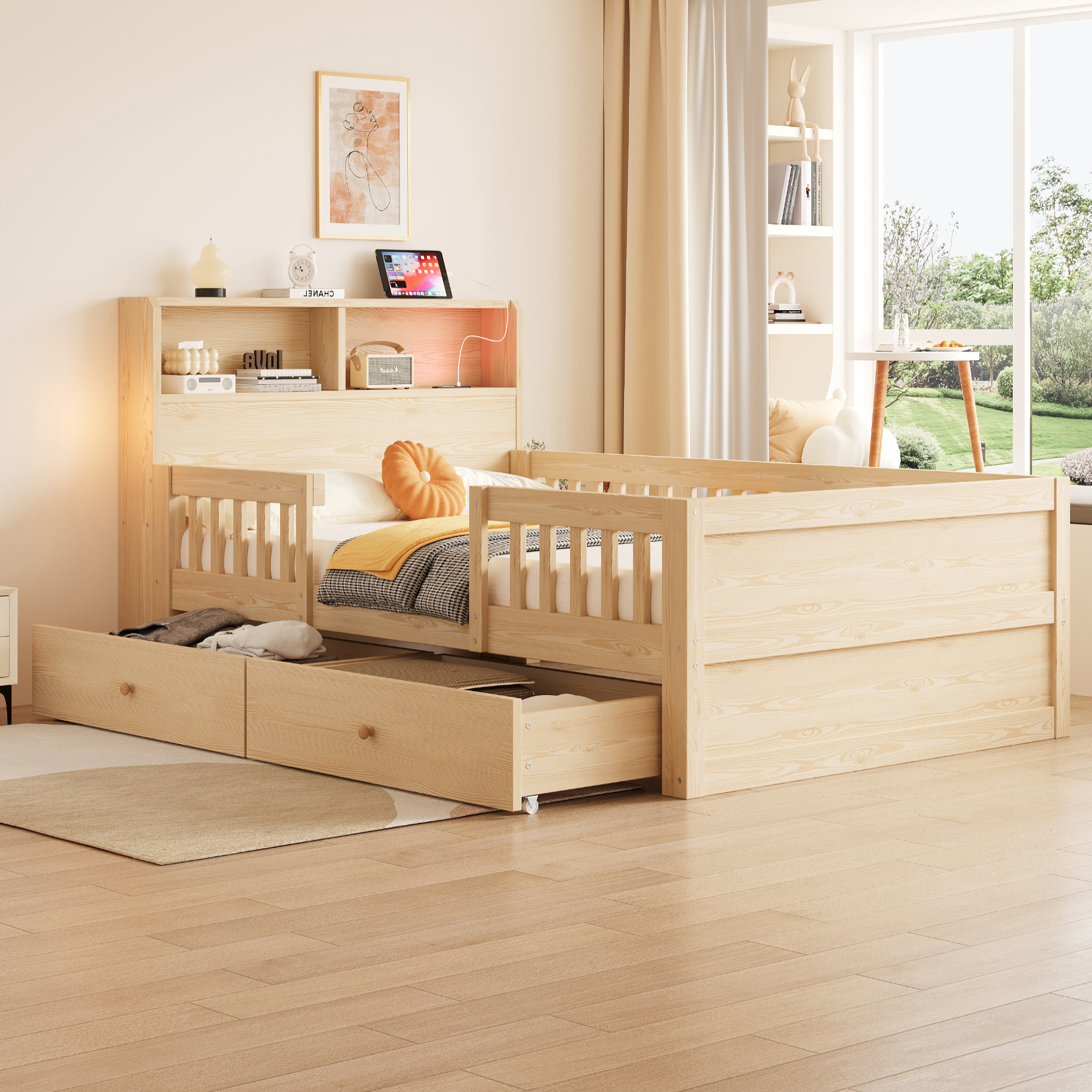 Lit enfant 90 x 190 cm, 2 tiroirs, éclairage LED intégré à la tête de lit, USB et USB-C, bois de pin, effet bois naturel, 205 x 95 x 80 cm - présentation 1