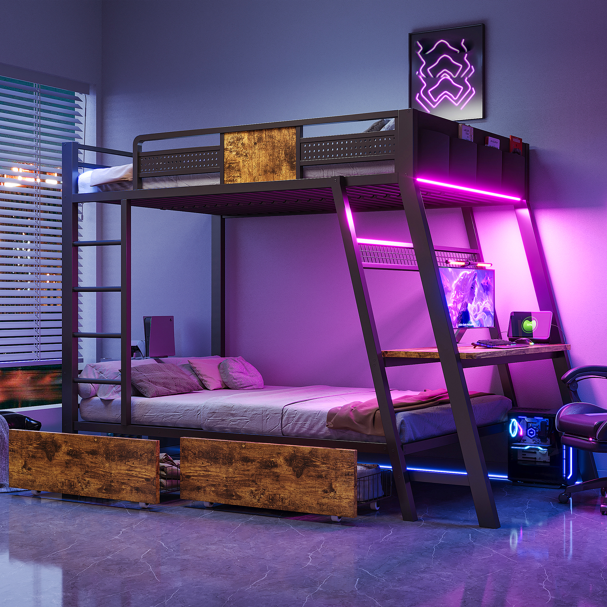Lit superposé 90 x 200 cm, bureau intégré, échelle latérale, tiroirs de rangement, éclairage LED au niveau du bureau, métal et MDF, noir, 236 x 95,5 x 170 cm 🛏️🪜 - vue principale 1