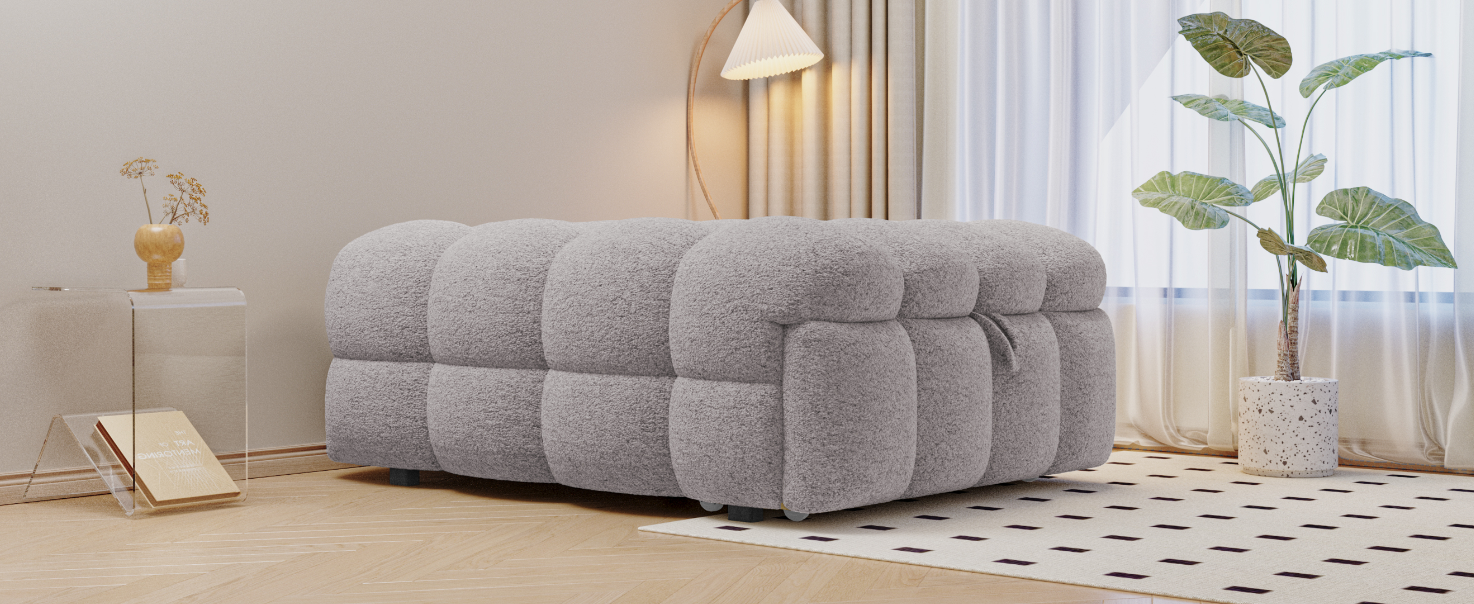 Lit pouf convertible 2-en-1 en tissu bouclé gris, - image 23