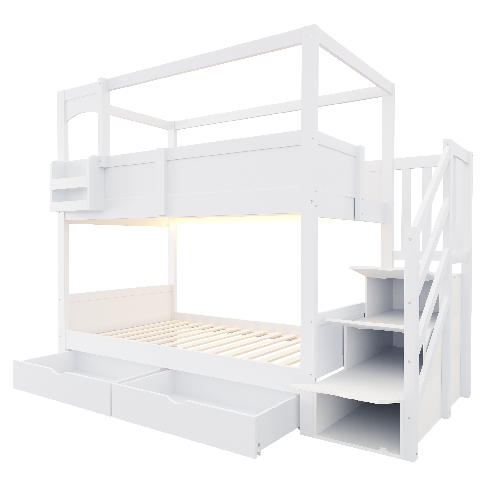 Lit superposé 90 x 200 cm, escalier, 2 tiroirs, design cabane, garde-corps, bois de pin, contreplaqué et MDF, blanc, 253 x 95 x 180 cm 🏠 - points forts 1