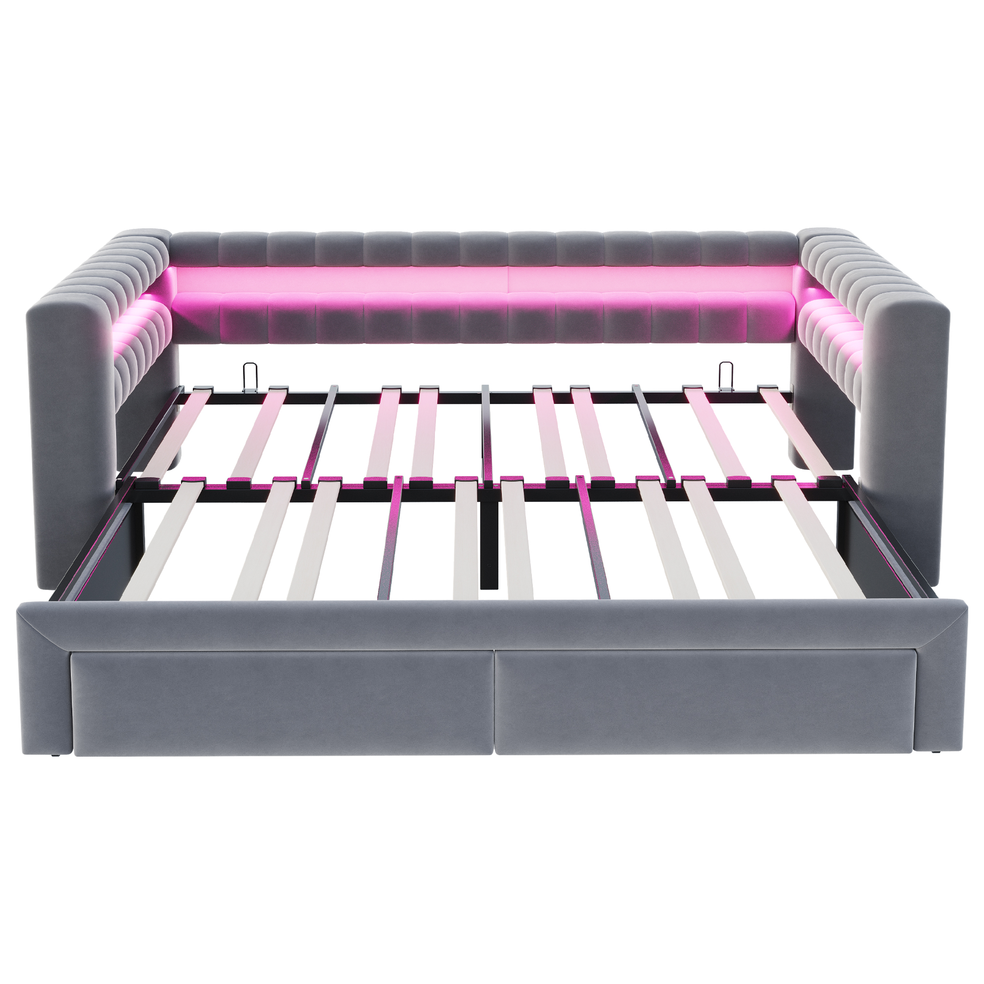 Lit banquette convertible 90x190 cm extensible à 180x190 cm,en velours,couchage gigogne,éclairage LED,ports USB et Type-C,gris,lit 1 place,lit avec rangement intégré