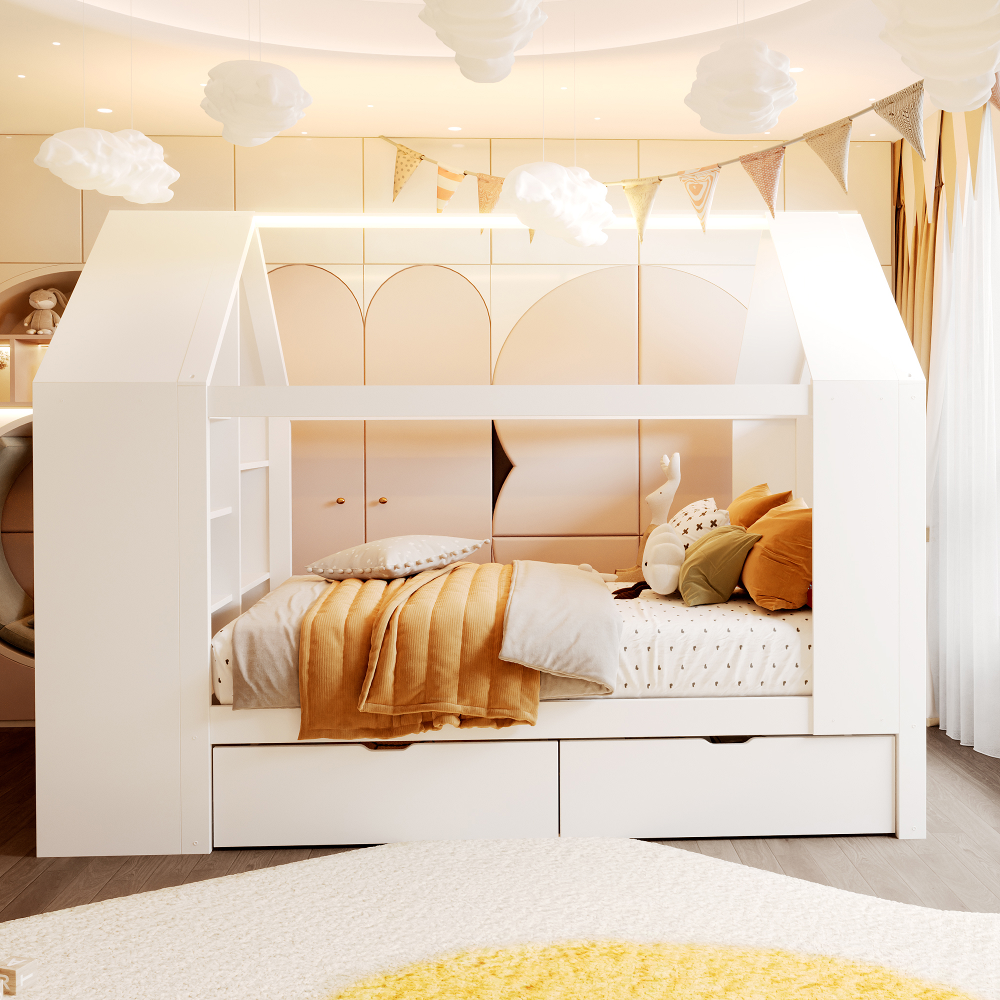 Lit cabane enfant 90 x 200 cm, 2 tiroirs, éclairage LED latéral, bois massif et MDF, blanc, 235 x 95 x 154,5 cm 🏠 - présentation 1