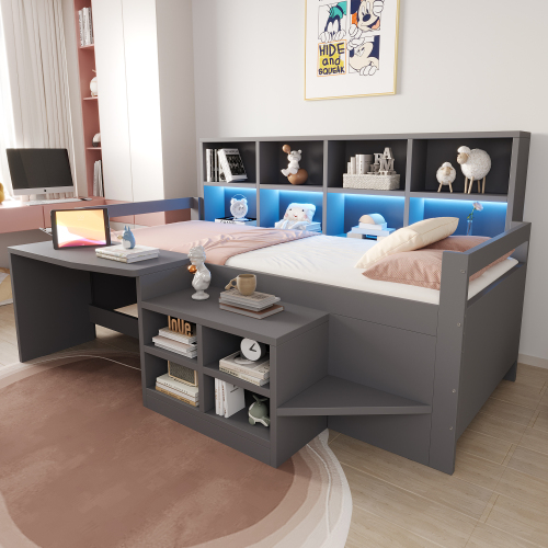 Lit enfant blanc et gris avec placards et rangements intégrés