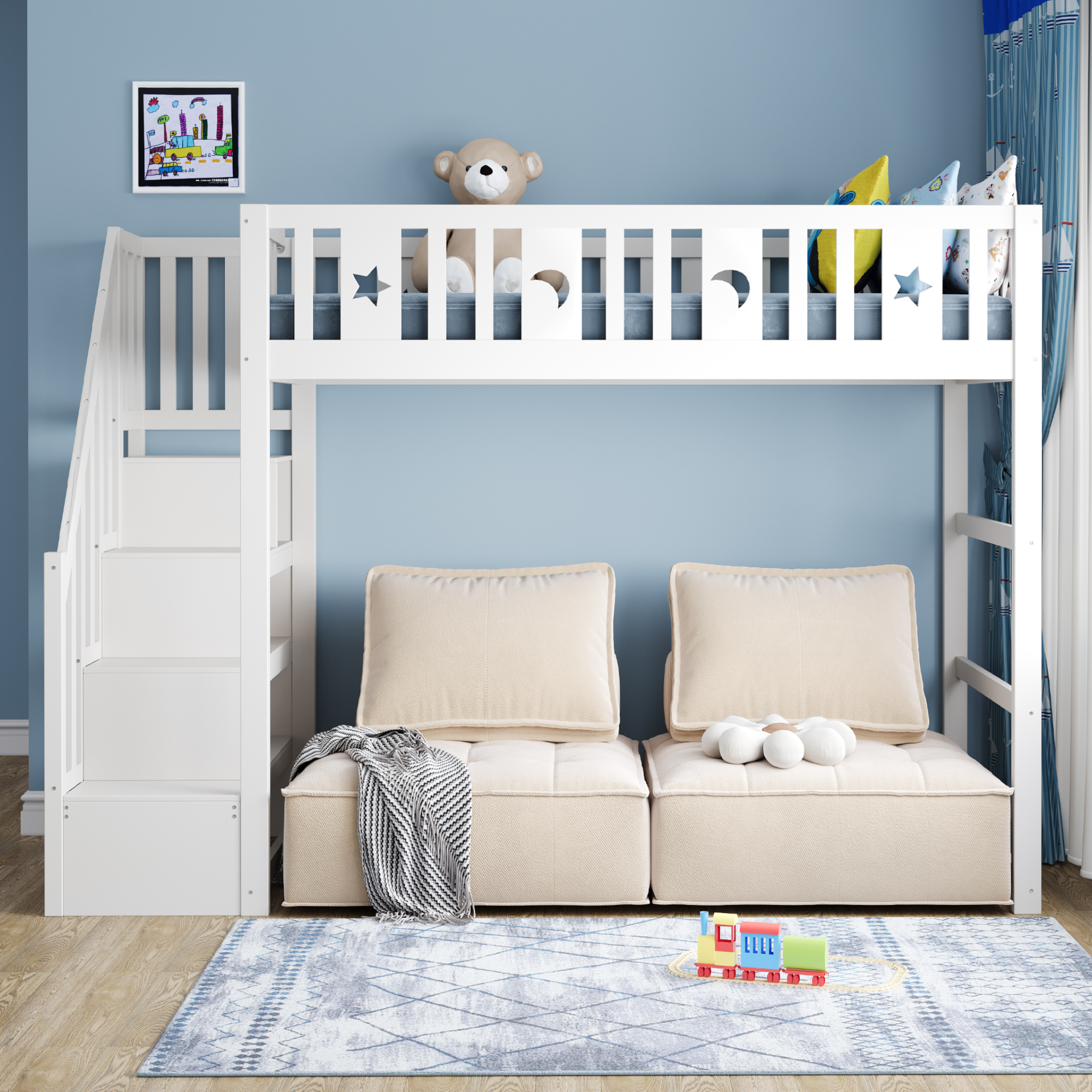 Lit mezzanine enfant 90 x 200 cm en bois massif avec escalier de rangement, détails étoile et lune, blanc