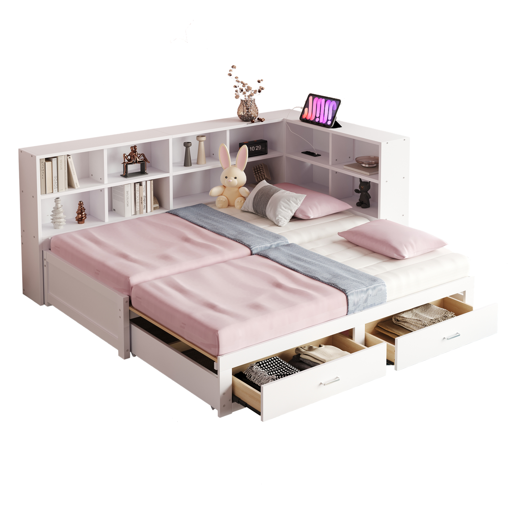 Canapé-lit en bois massif escamotable 90→180×190 cm, prise multifonction, étagères tête + 2 tiroirs, pour salon et chambre, beaucoup de rangement, couchage spacieux, recharge au lit, design moderne, stabilité, fonctionnalité - image 6