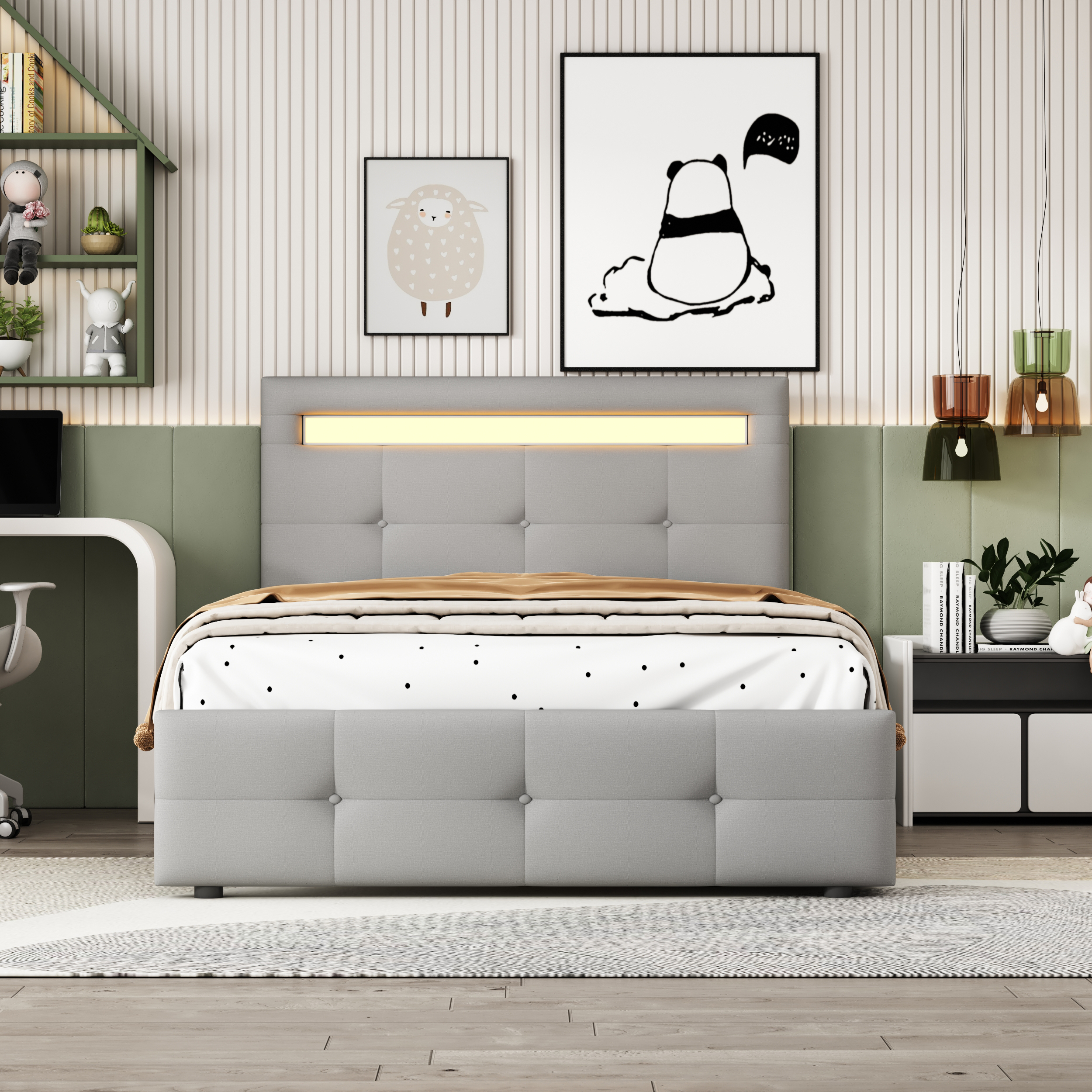 Polsterbett 90*200cm mit LED-Leuchten, 2 Schublade