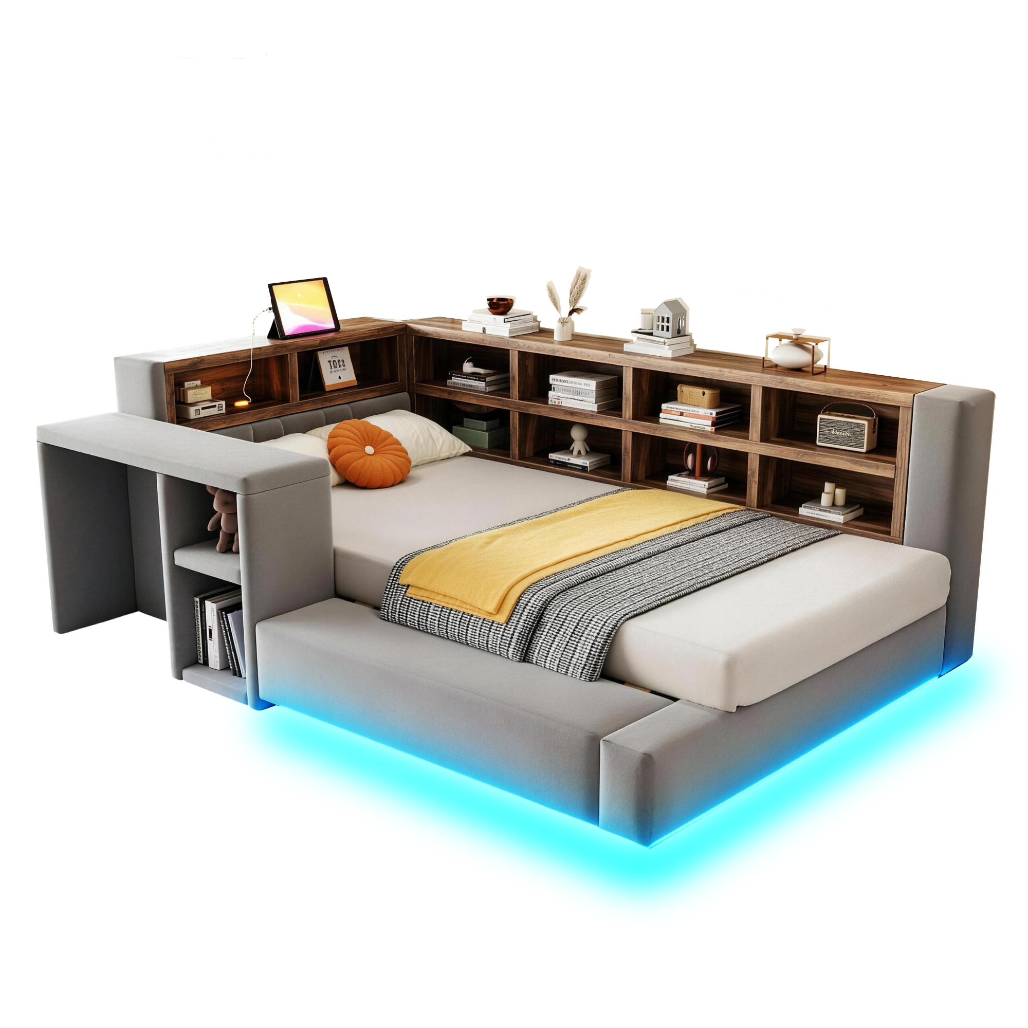 Lit rembourré 90 x 200 cm avec LED, ports de charge, structure rembourrée, Gris foncé - fonctions