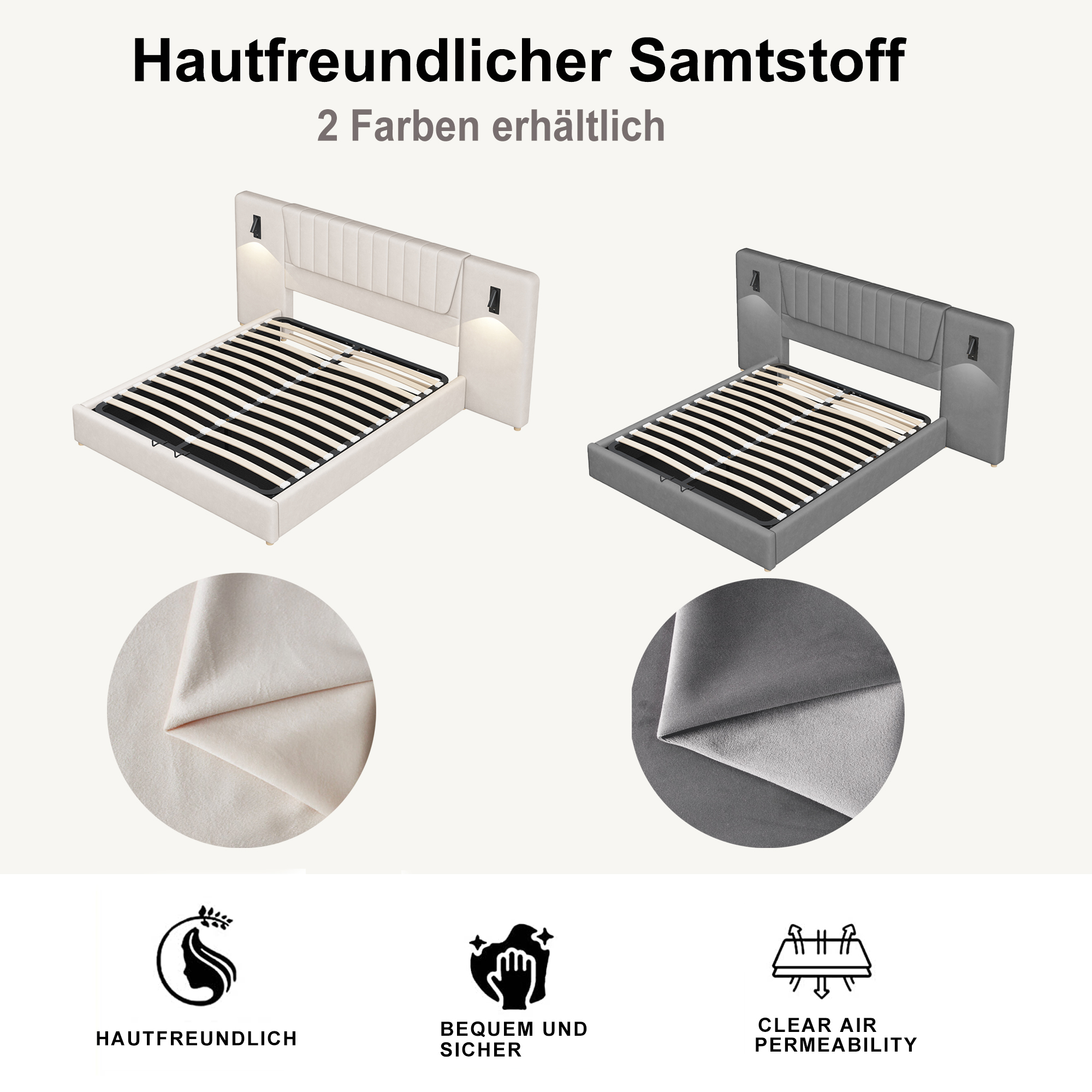 Lit rembourré en velours avec tête extra large, 2 lampes de lecture pivotantes 180° + USB, pour chambre, confort supérieur, recharge au lit, design élégant, style luxueux, stabilité, fonctionnalité - image 8