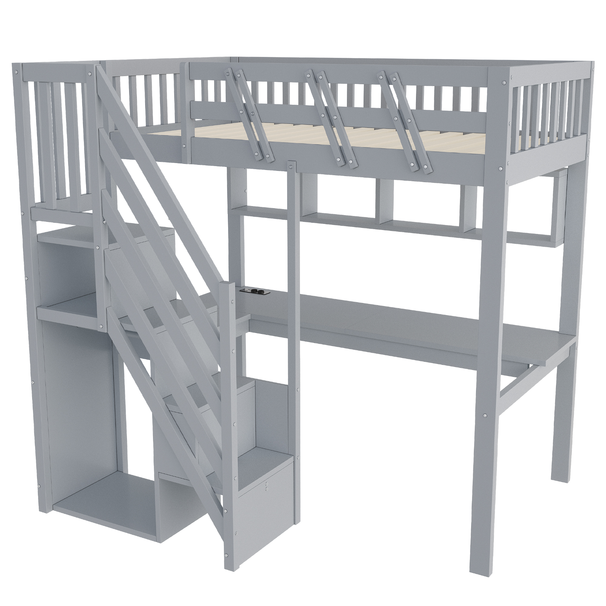 Lit enfant 90 x 200 cm avec bureau, LED, ports de charge, rangements, bois, Gris - vue complémentaire